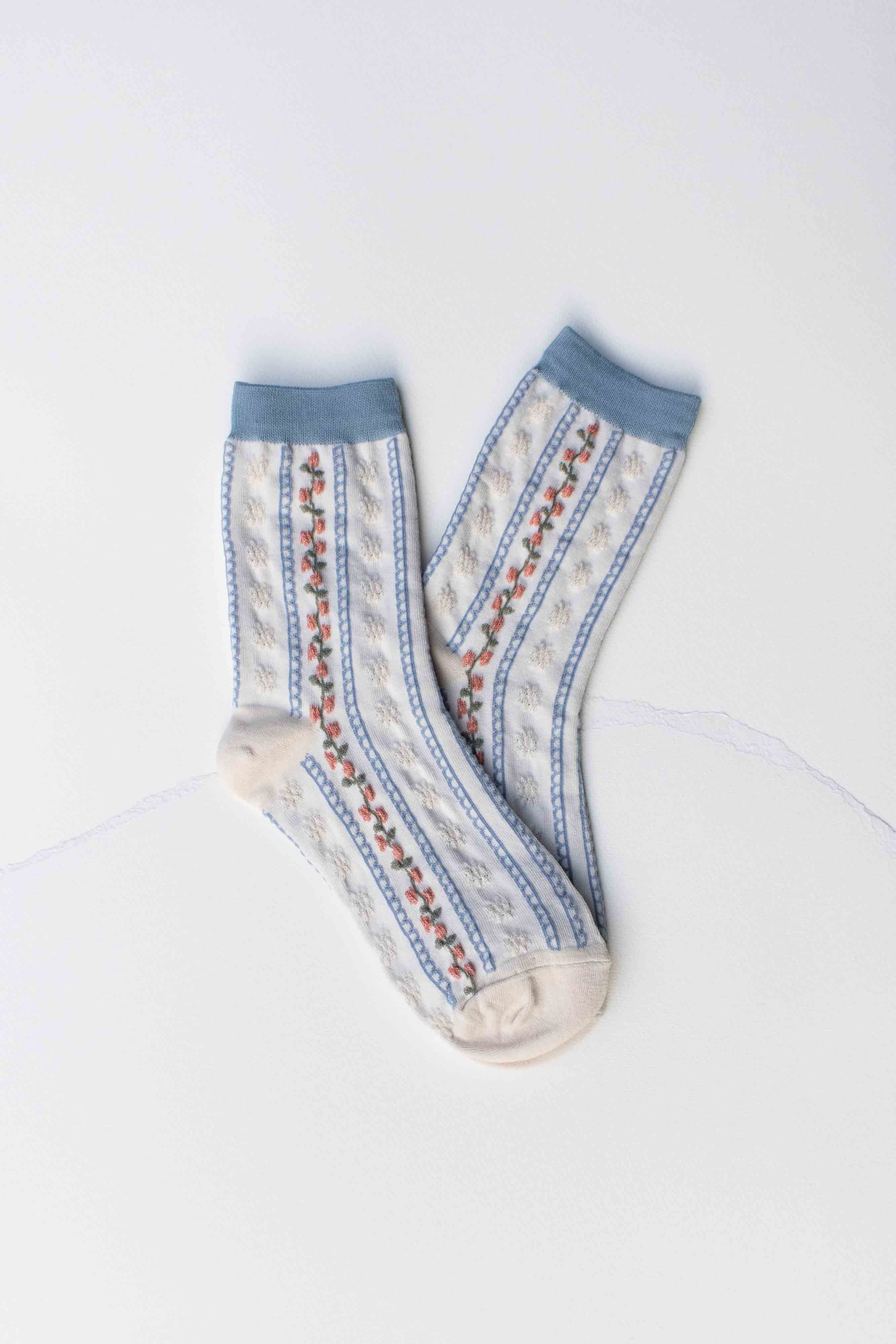 Vintage Stripe Floral Cotton Blend Socks - Out of the Blue