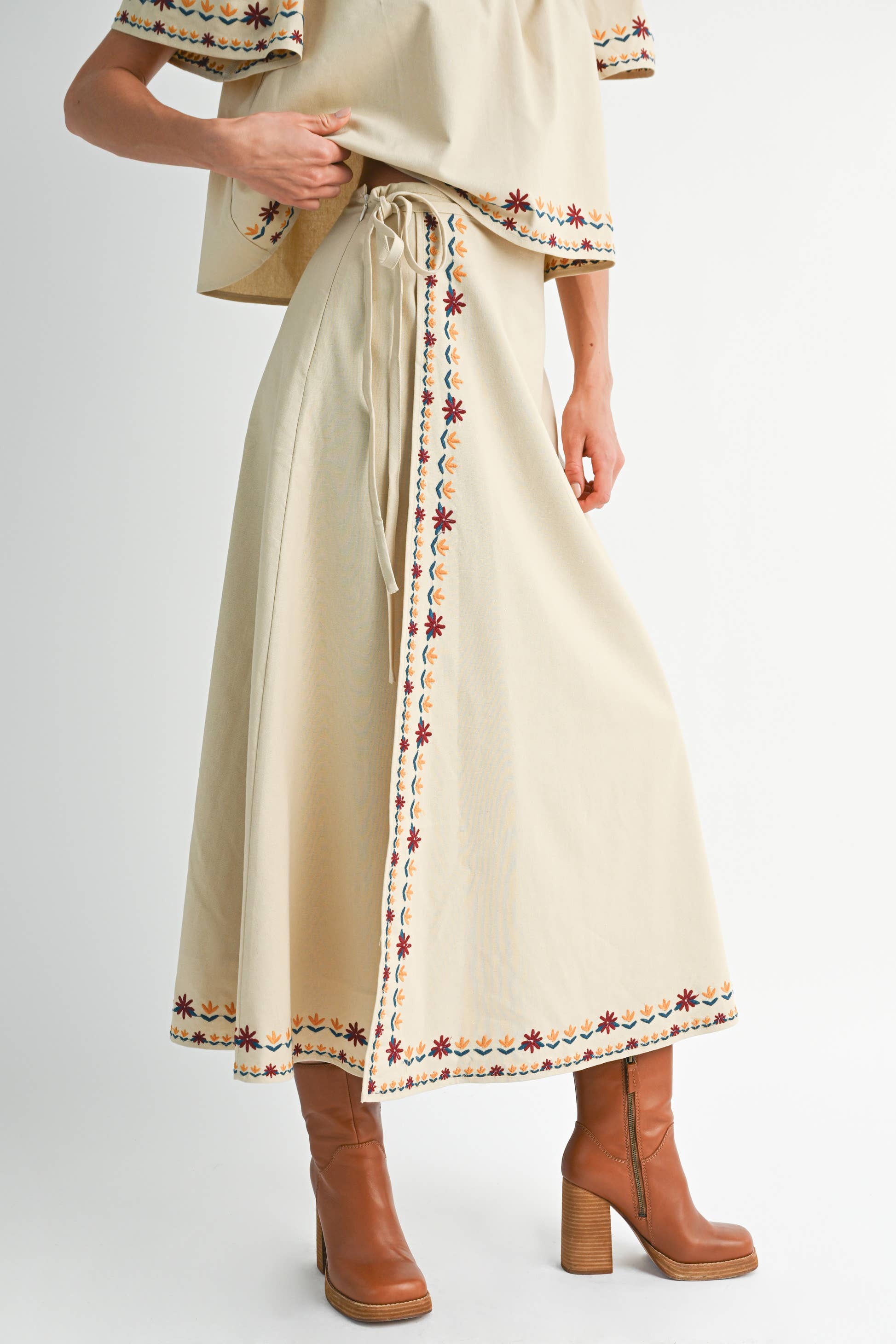 YS5036 Embroidered Hem Wrap Maxi Skirt - Out of the Blue