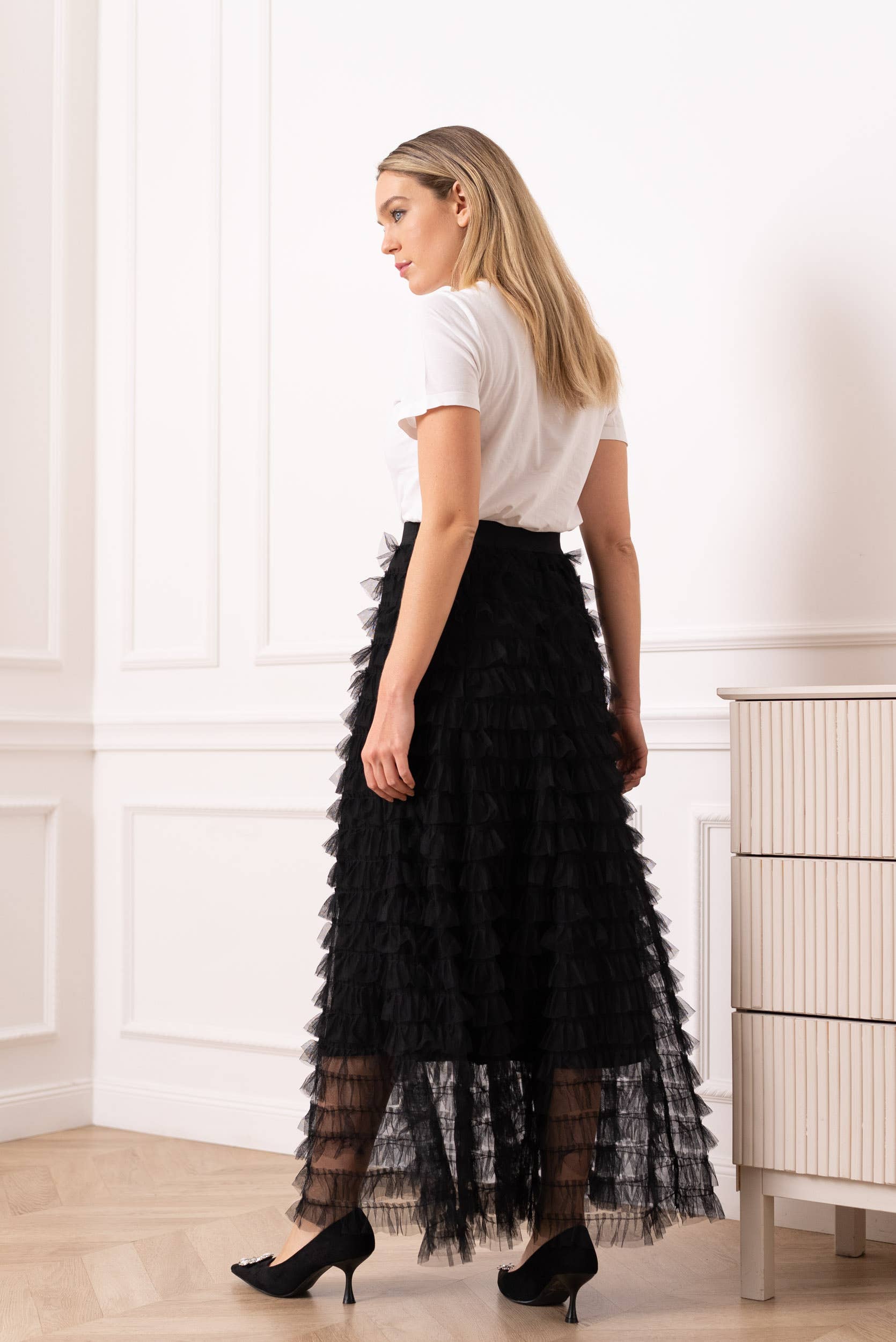 Alma long skirt in ruched tulle with ruffles - 80877 - Out of the Blue