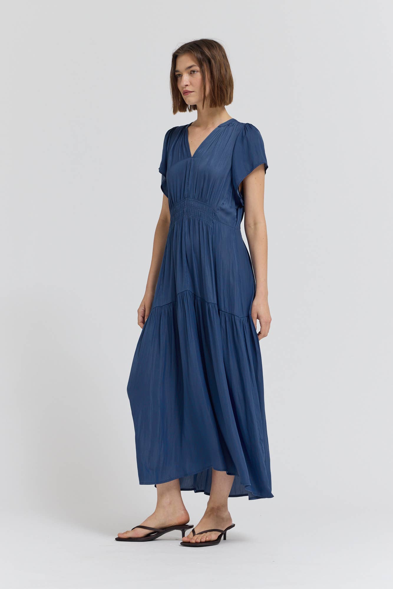 RUFFLE SATIN MIDI DRESS - Out of the Blue
