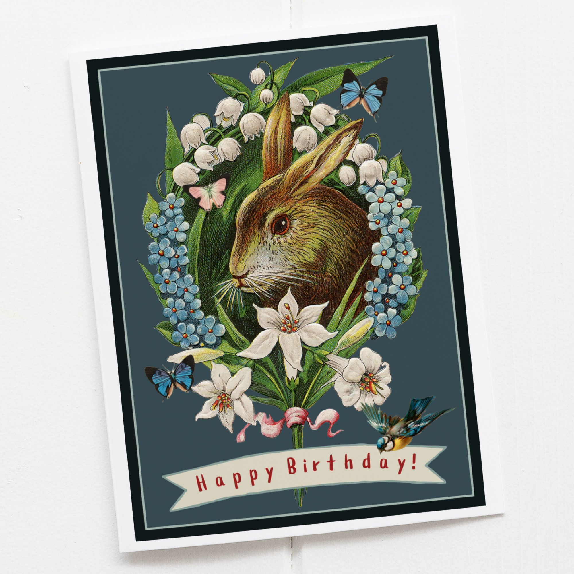 Happy Birthday! Vintage Rabbit Floral Wreath.