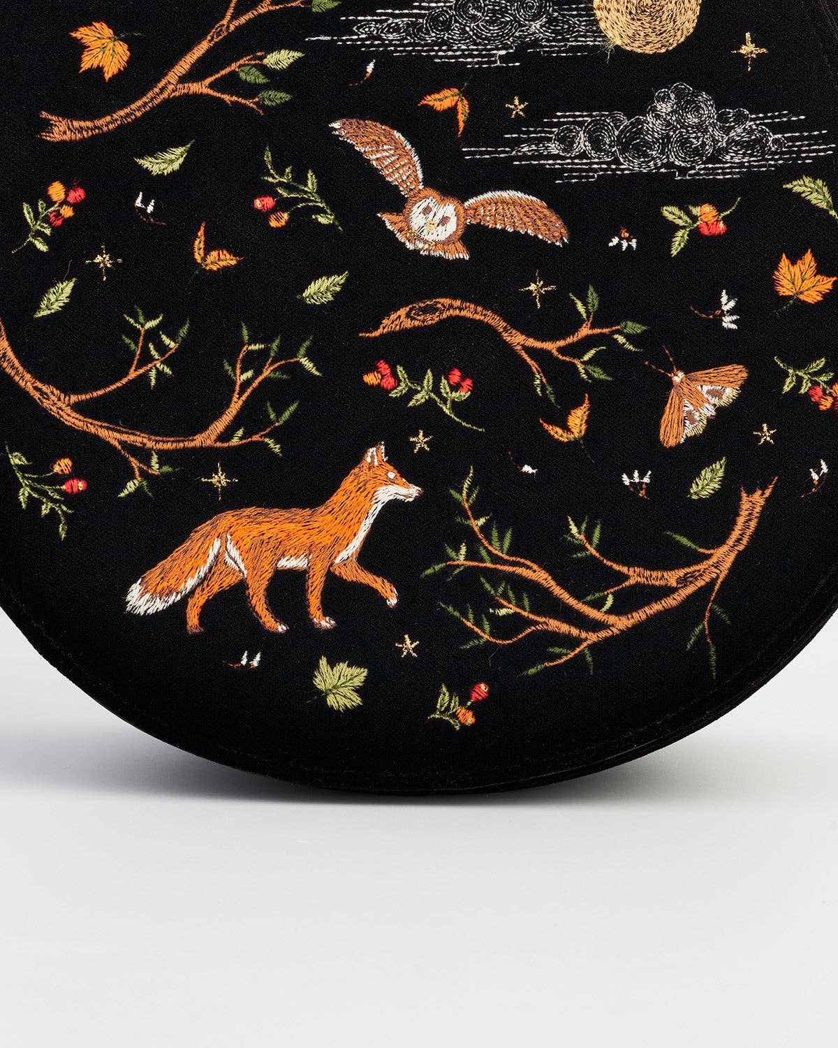 Fox & Owl Embroidered Black Top Handle Saddle Bag - Out of the Blue