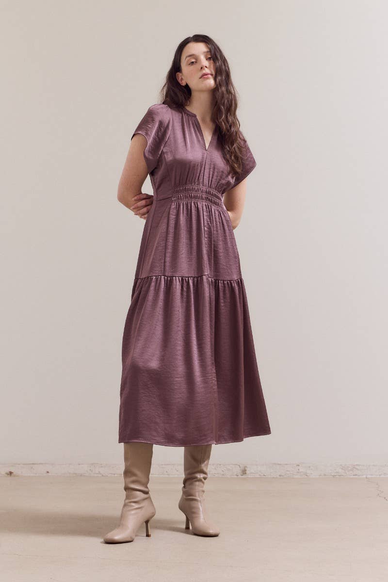 RUFFLE MATTE SATIN MIDI DRESS