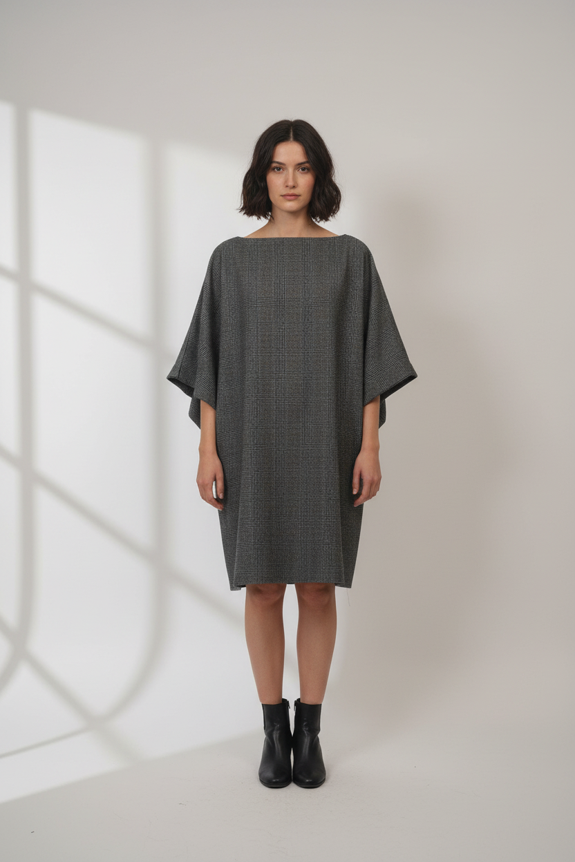 Full-body studio image of a model wearing the Maude Check dress, showing the wide sleeves and above-knee length
