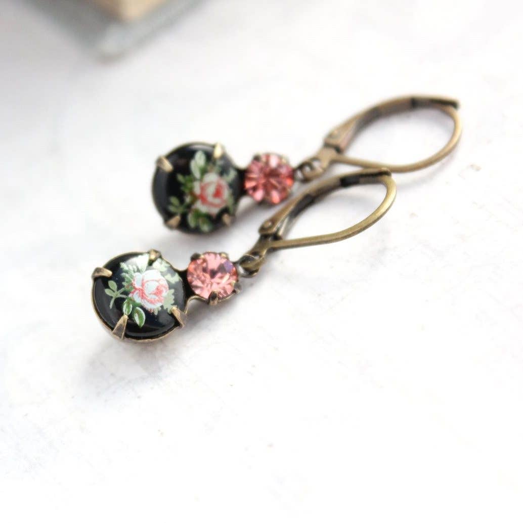 Little Cameo Earrings - Vintage Glass  - Pink Rose on Black - Out of the Blue