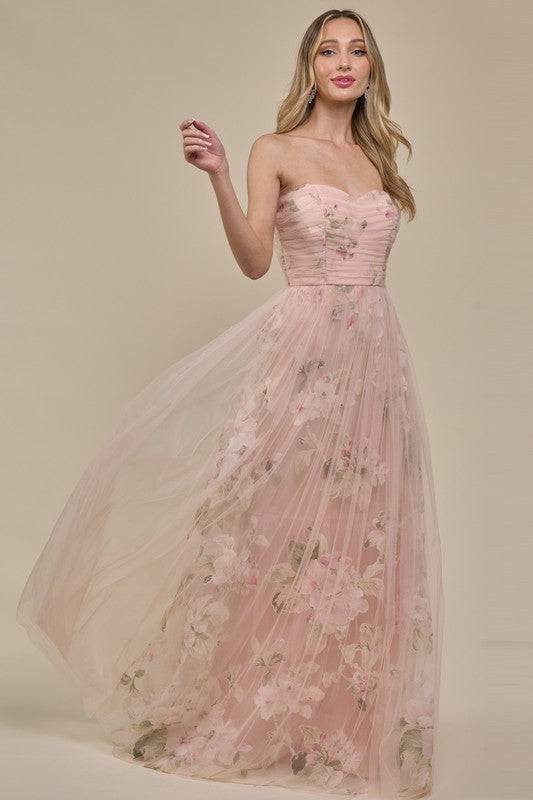 STRAPLESS ORGANZA FLORAL GOWN - Out of the Blue