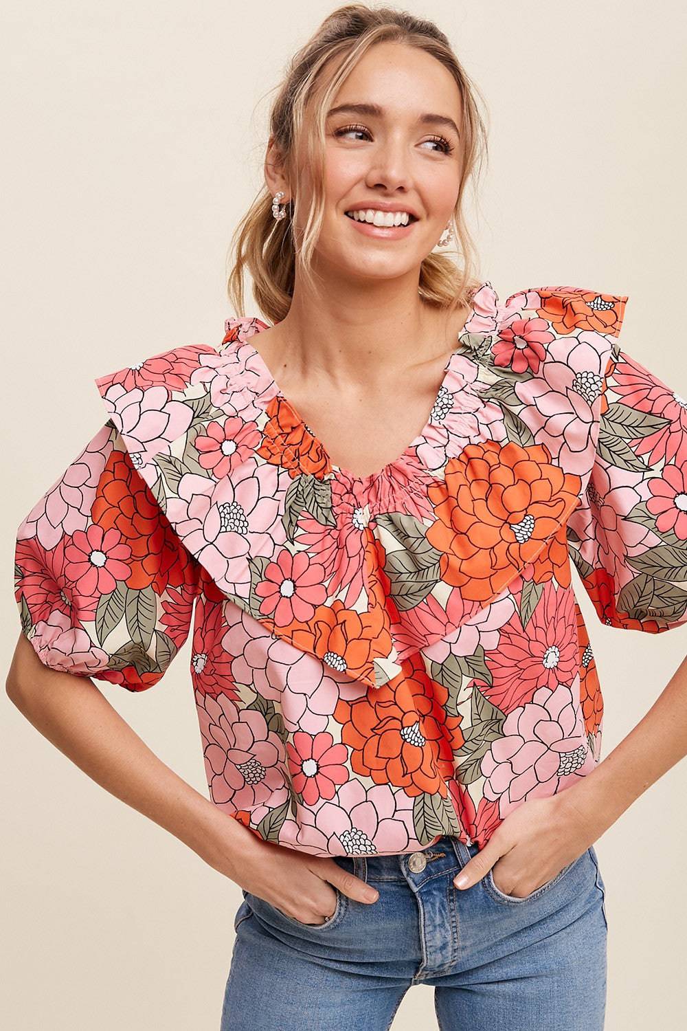 Floral V-neck Blouse - Out of the Blue