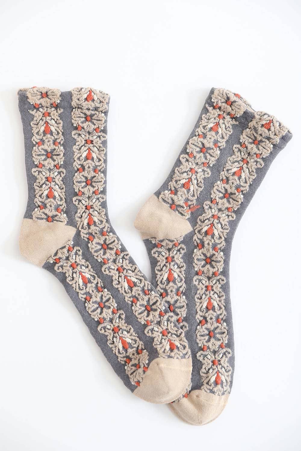 Embroidered Flower Pattern Socks: Beige - Out of the Blue