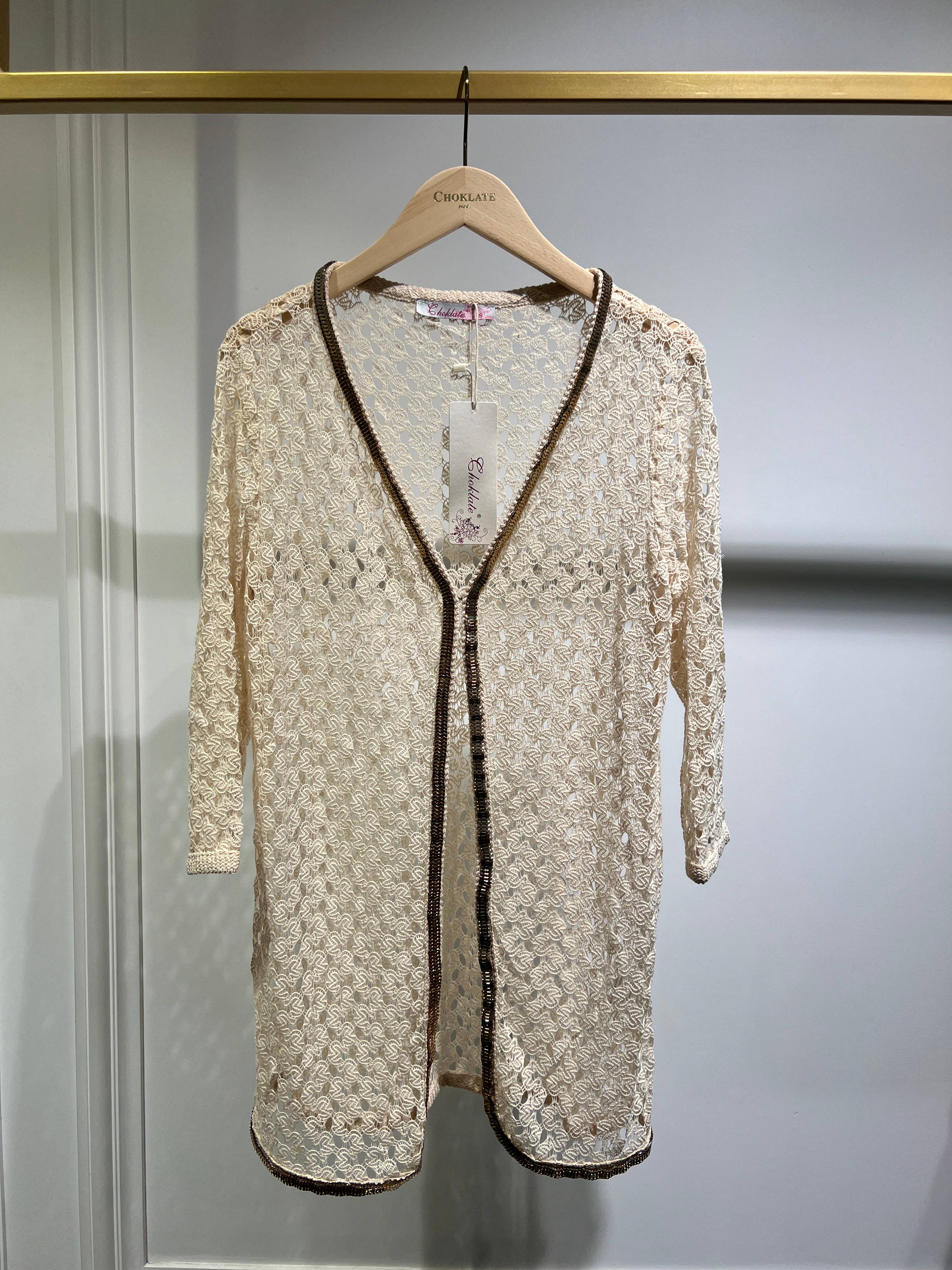 Crochet vest with gold ornament - 80443-1: 1S-1M-1 L / Ecru - Out of the Blue
