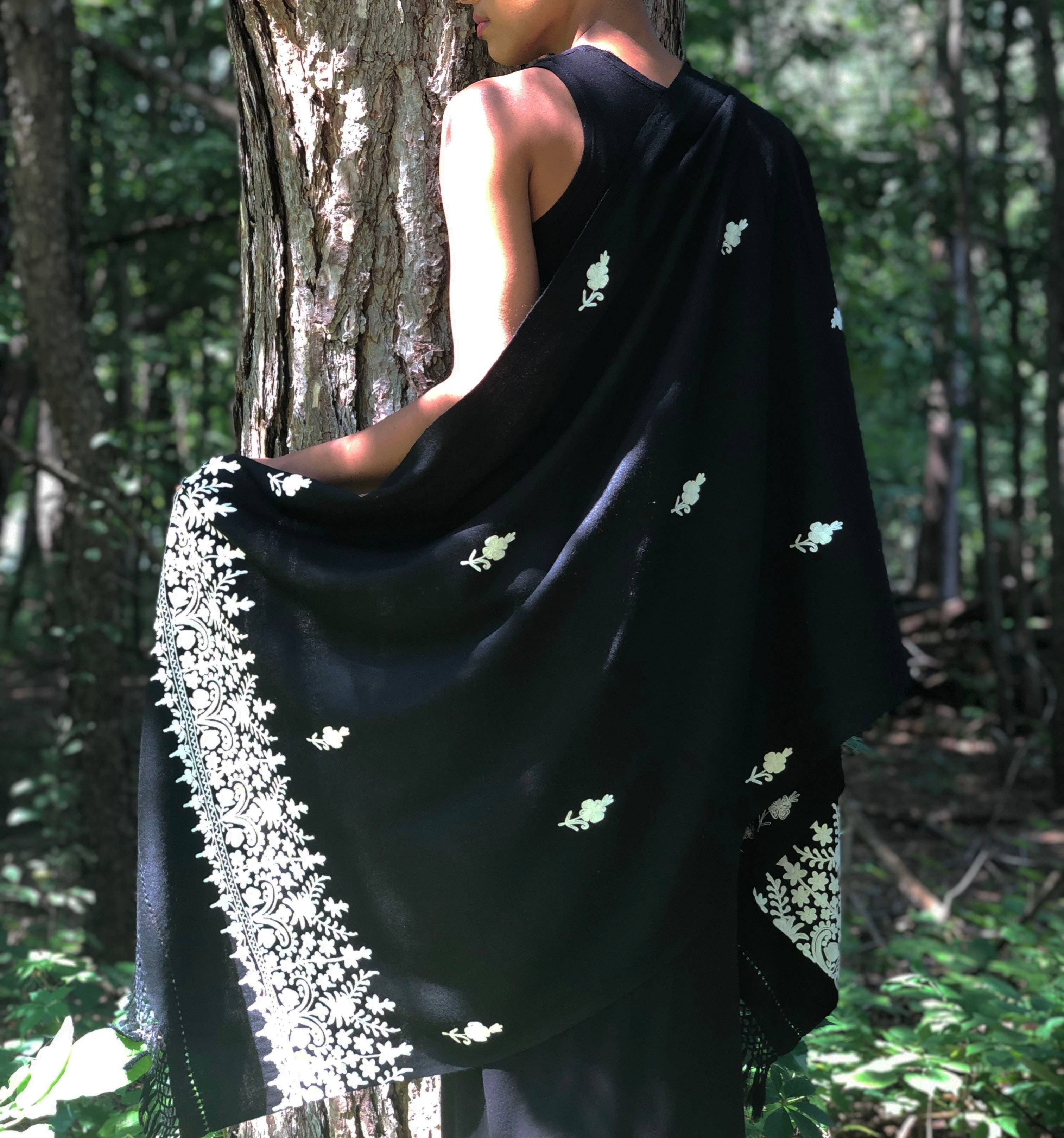 Black and White Wool Embroidered Wrap - Out of the Blue