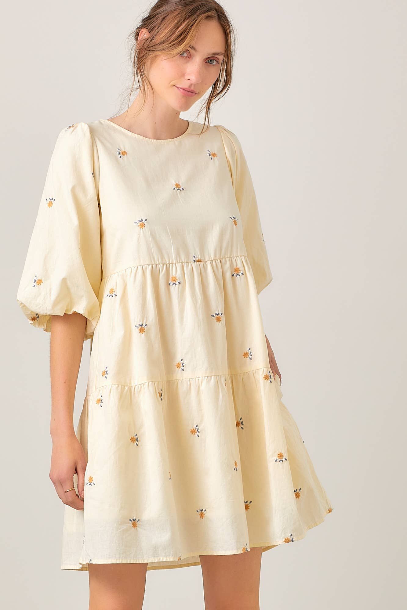 EMBROIDERED POPLIN  TIERED DRESS - Out of the Blue