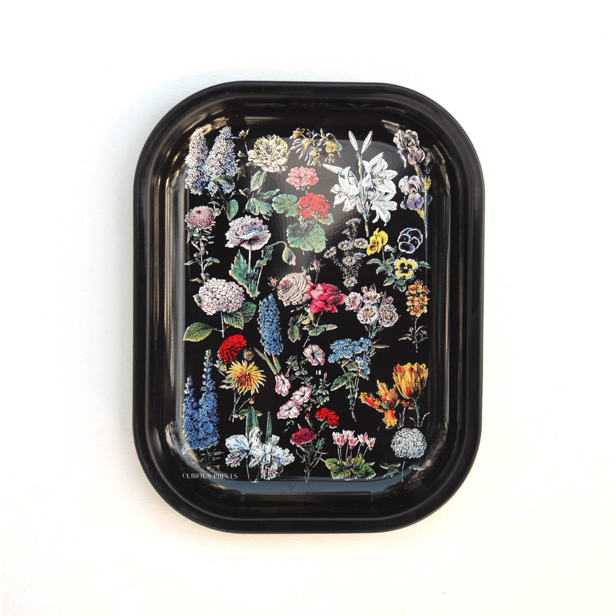Small Metal Black Fleurs Ritual Tray / Vintage Floral Print - Out of the Blue