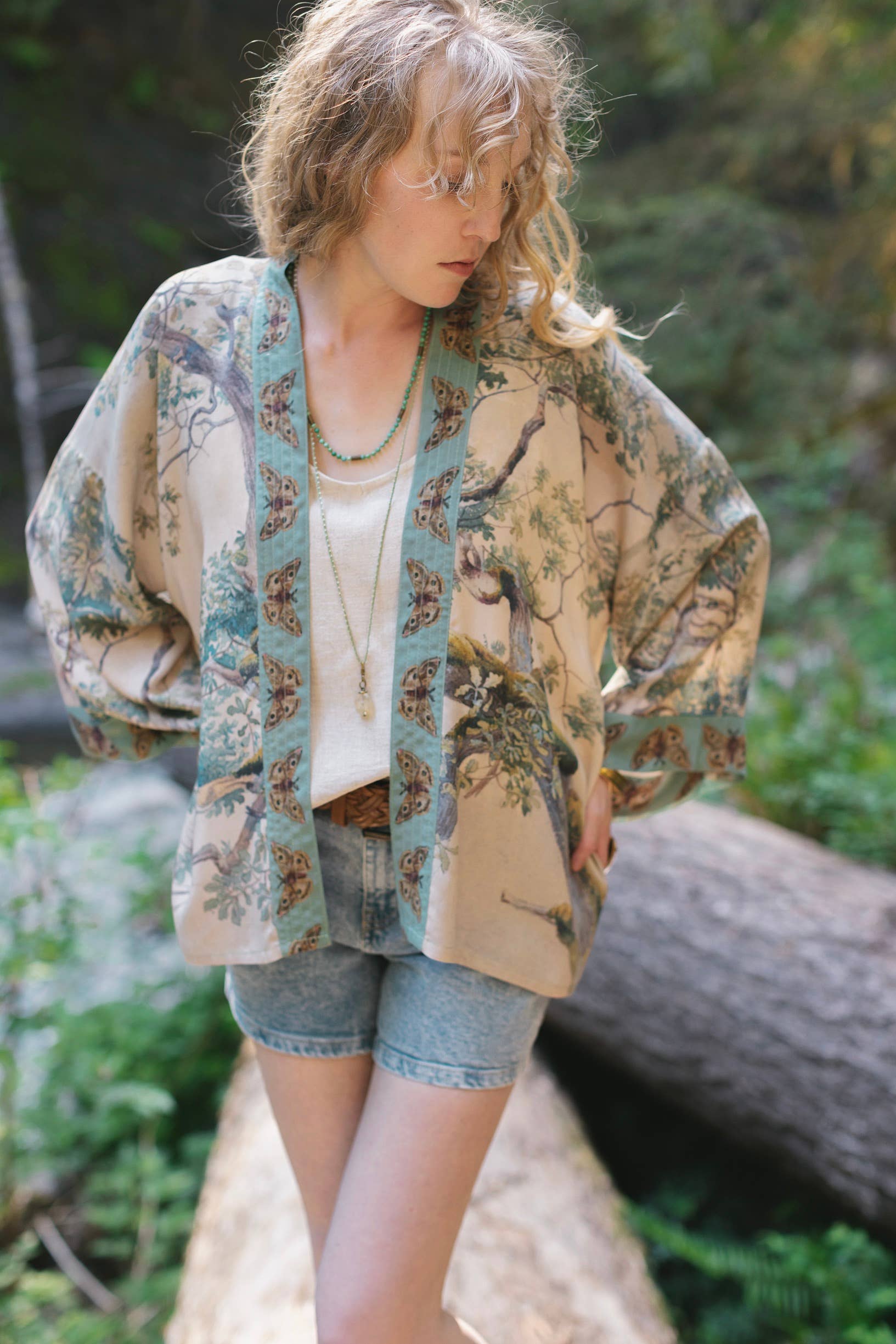 Earth and Sky Cropped Bamboo Kimono Cardigan with Tree Print - Out of the Blue