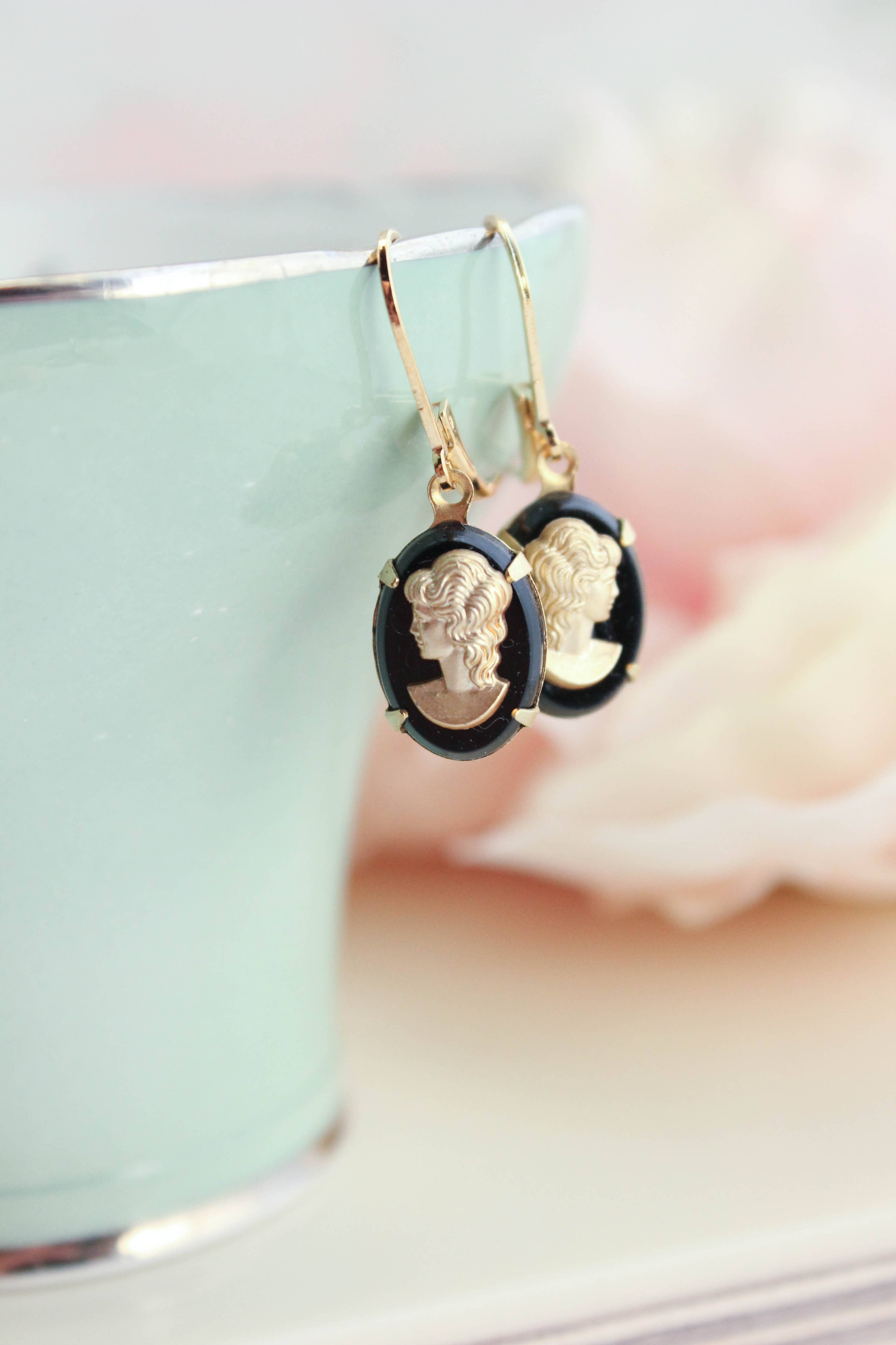 Black and Gold Lady Cameo Earrings - Out of the Blue