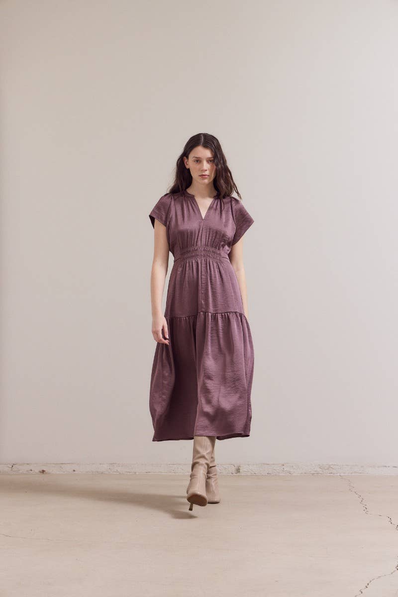 RUFFLE MATTE SATIN MIDI DRESS