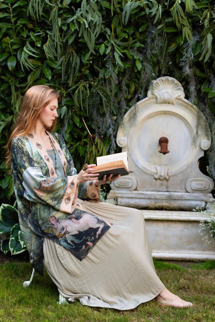 The Mythmaker Matinée Duster Kimono w/ landscape & unicorn - Out of the Blue