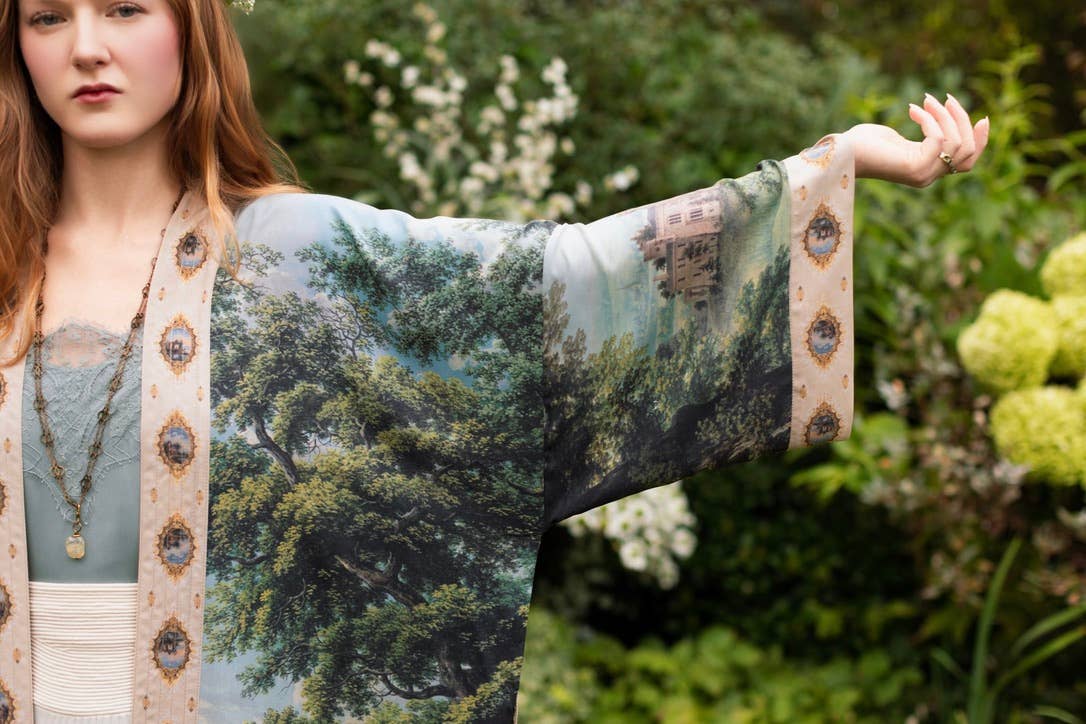 The Mythmaker Opera Duster Kimono Robe w Landscape & Unicorn - Out of the Blue