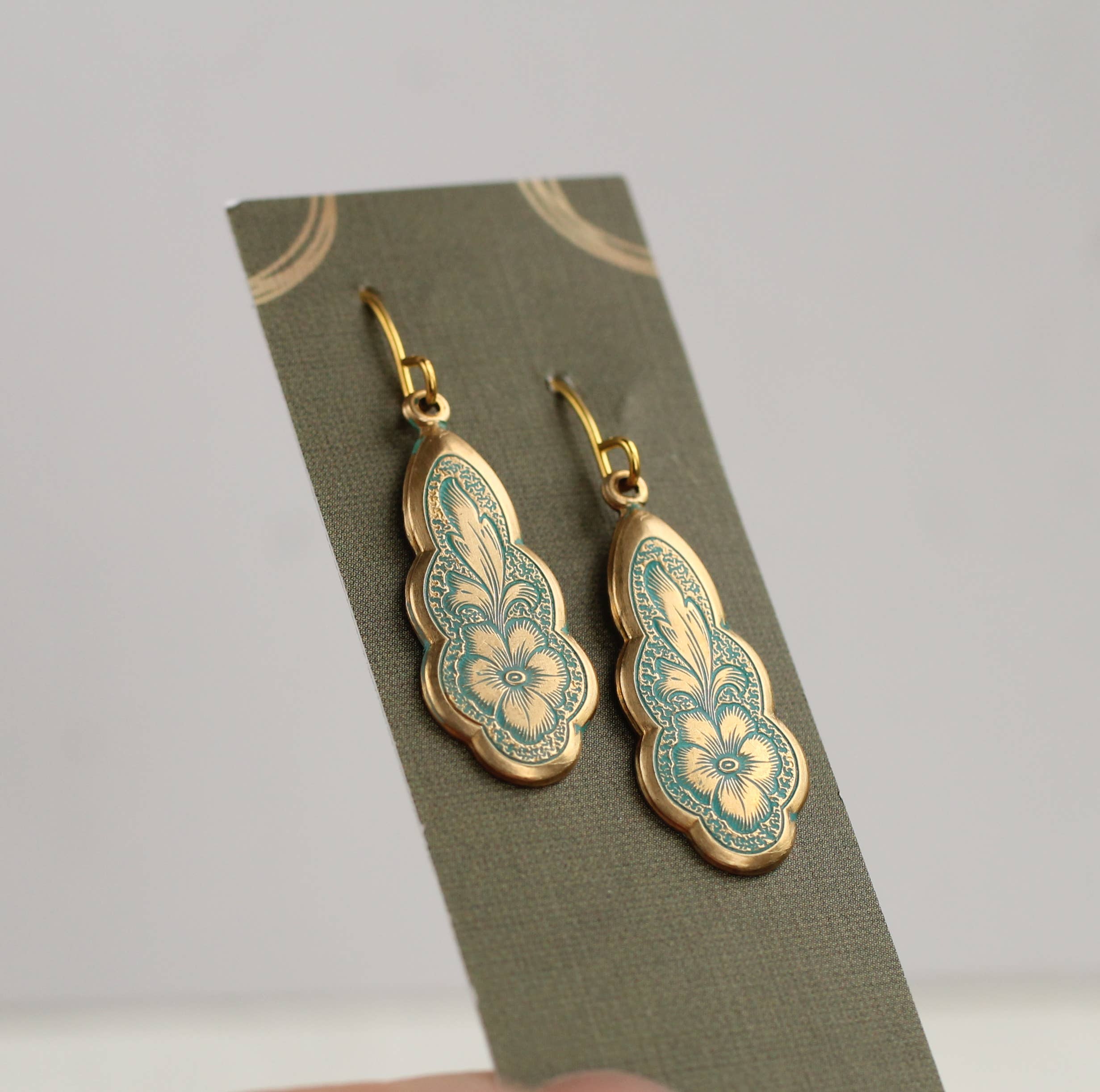 Pansy Gold Green Victorian Drop Earrings - Out of the Blue