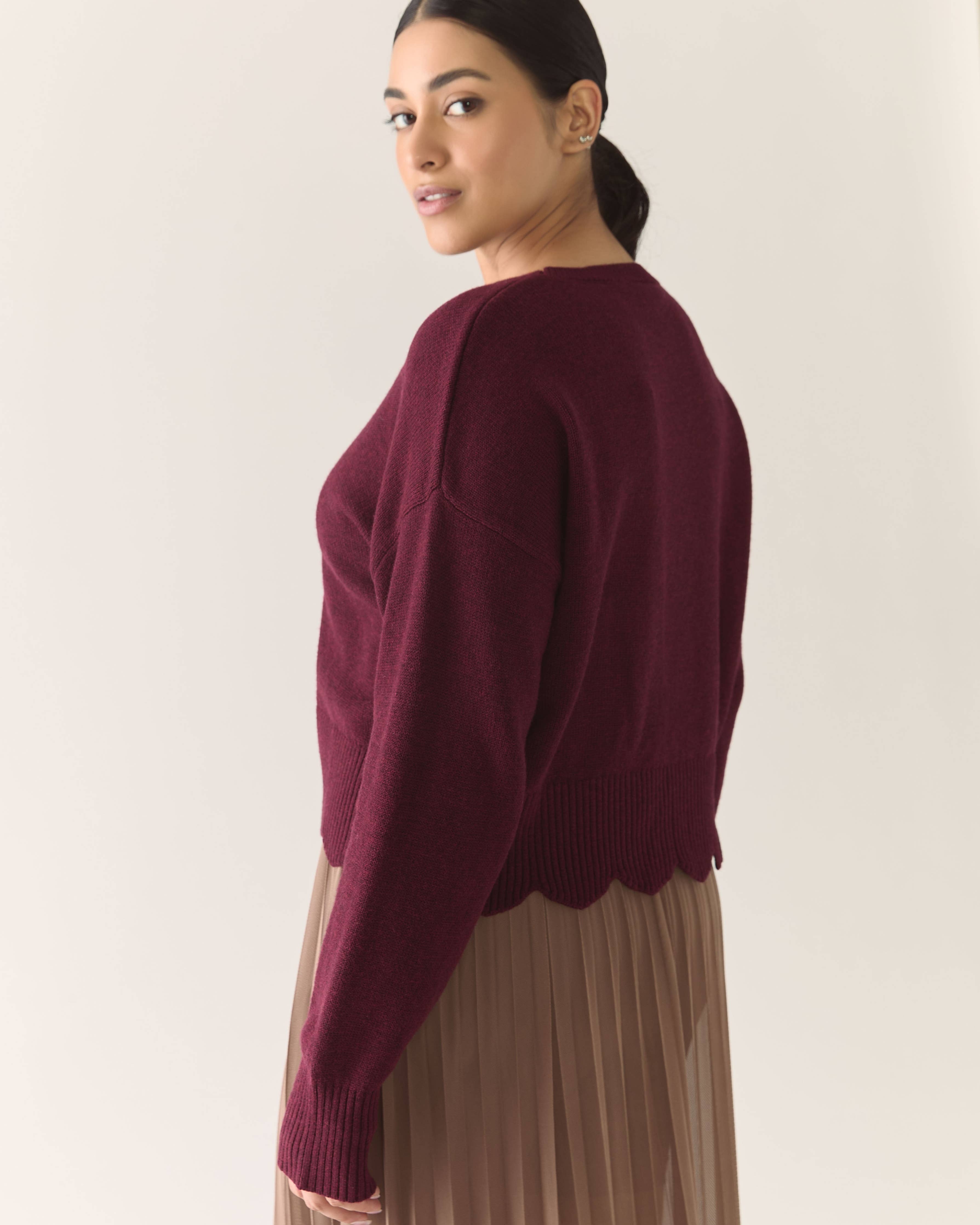 Scalloped Edge Pullover Responsible Merino in Zinfandel - Out of the Blue