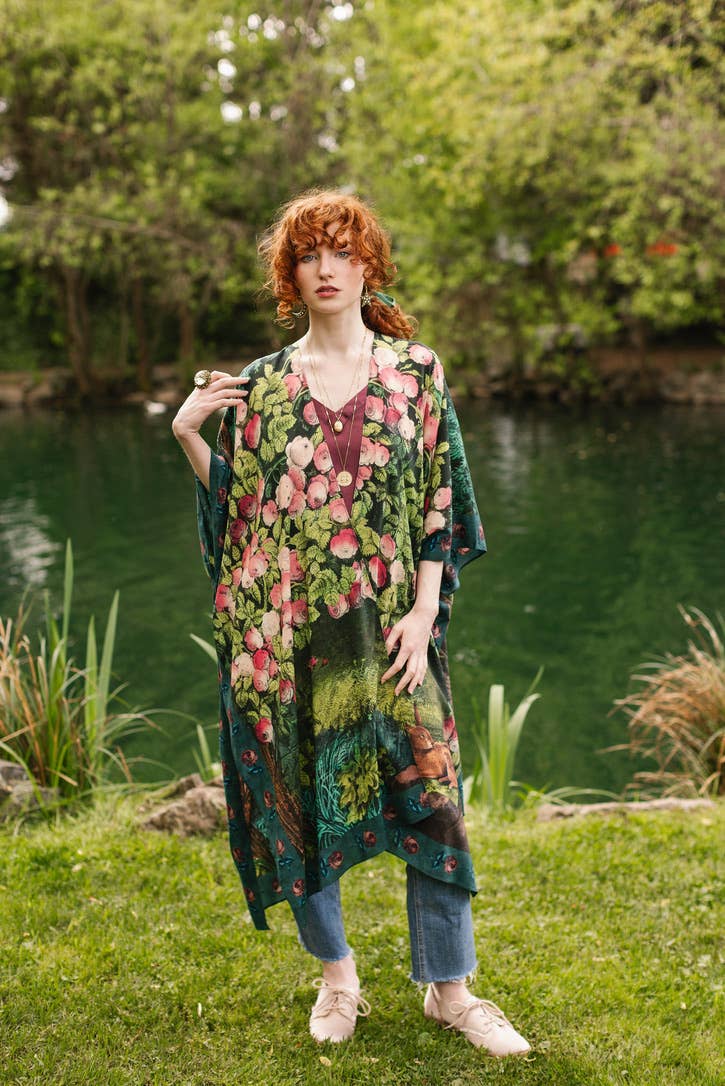 The Daydreamer Goddess Duster Kimono w/ Florals & Rabbits - Out of the Blue