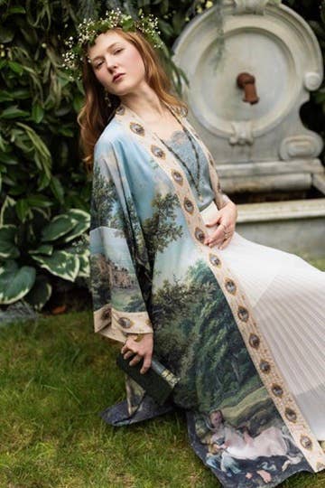 The Mythmaker Opera Duster Kimono Robe w Landscape & Unicorn - Out of the Blue