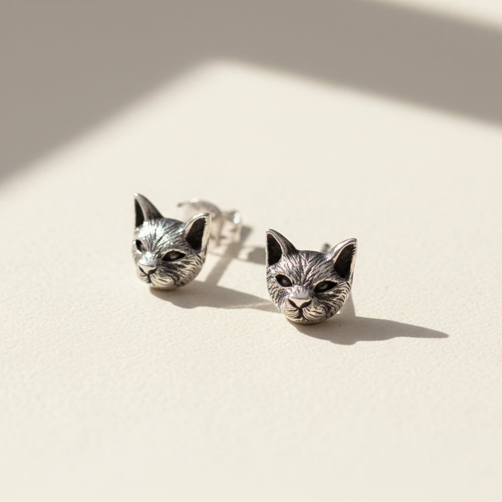 Sterling Silver or Bronze 3D Cat Head Post Earrings 6x7mm - Out of the Blue
