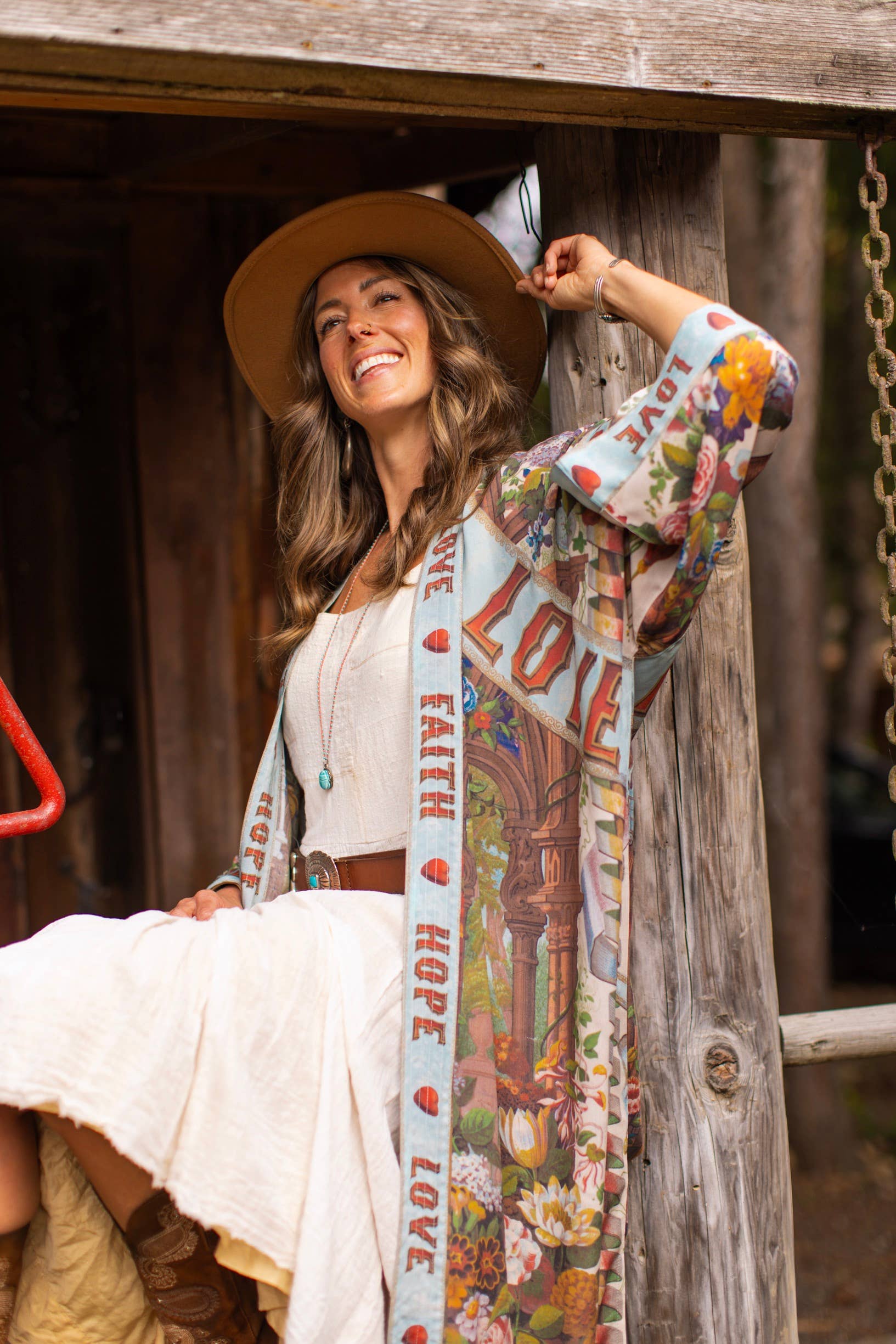 Love Language Printed Long Duster Bamboo Kimono Robe - Out of the Blue