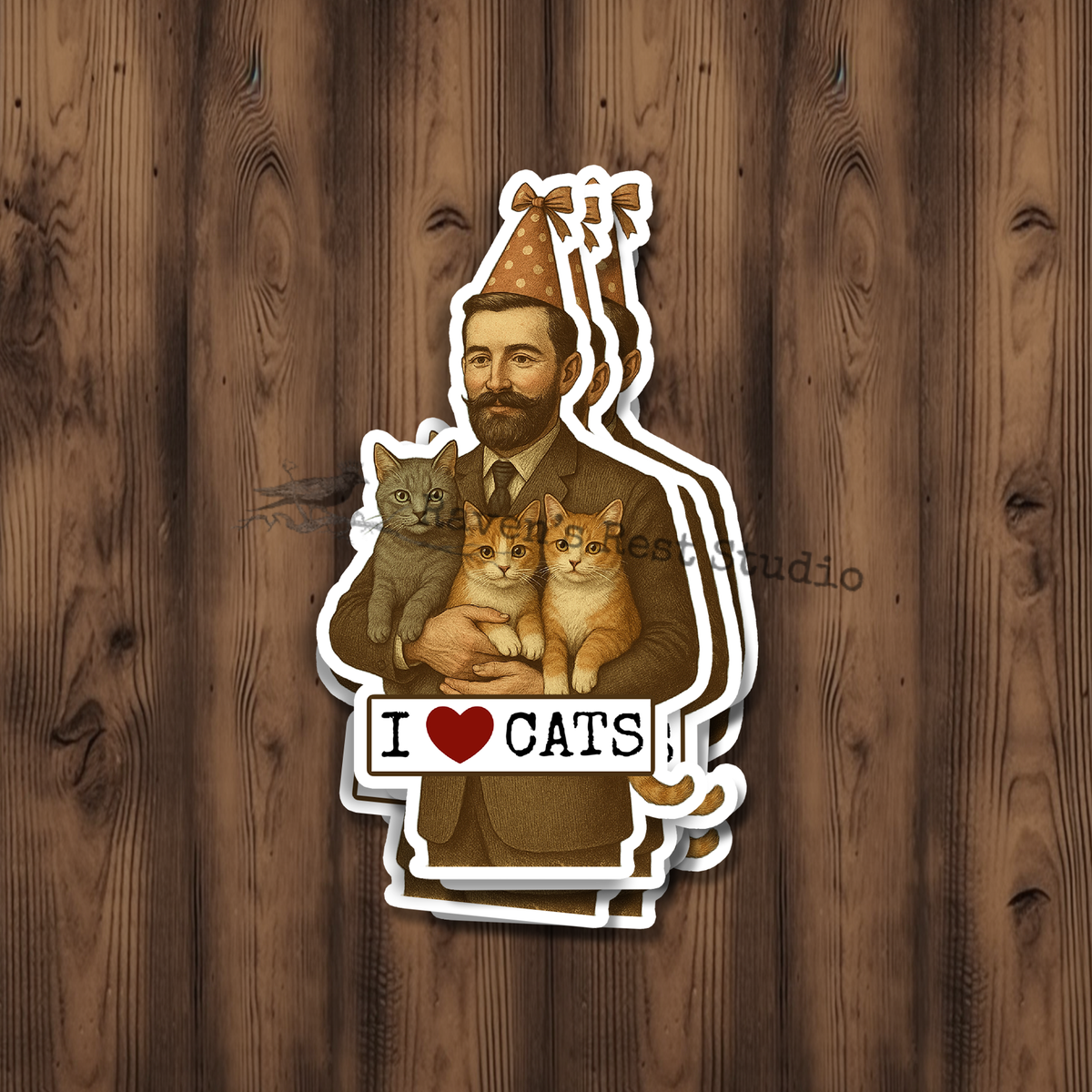 STICKER Loving Man With Three Cats.