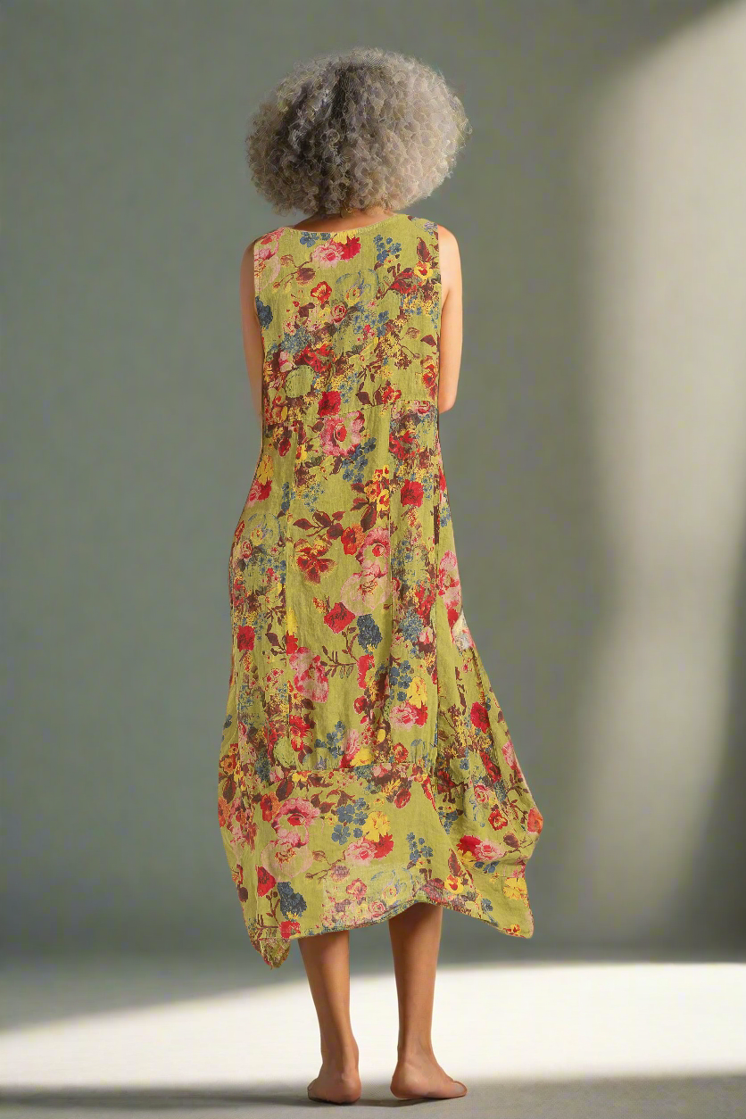 Kiwi Bouquet Linen Dress