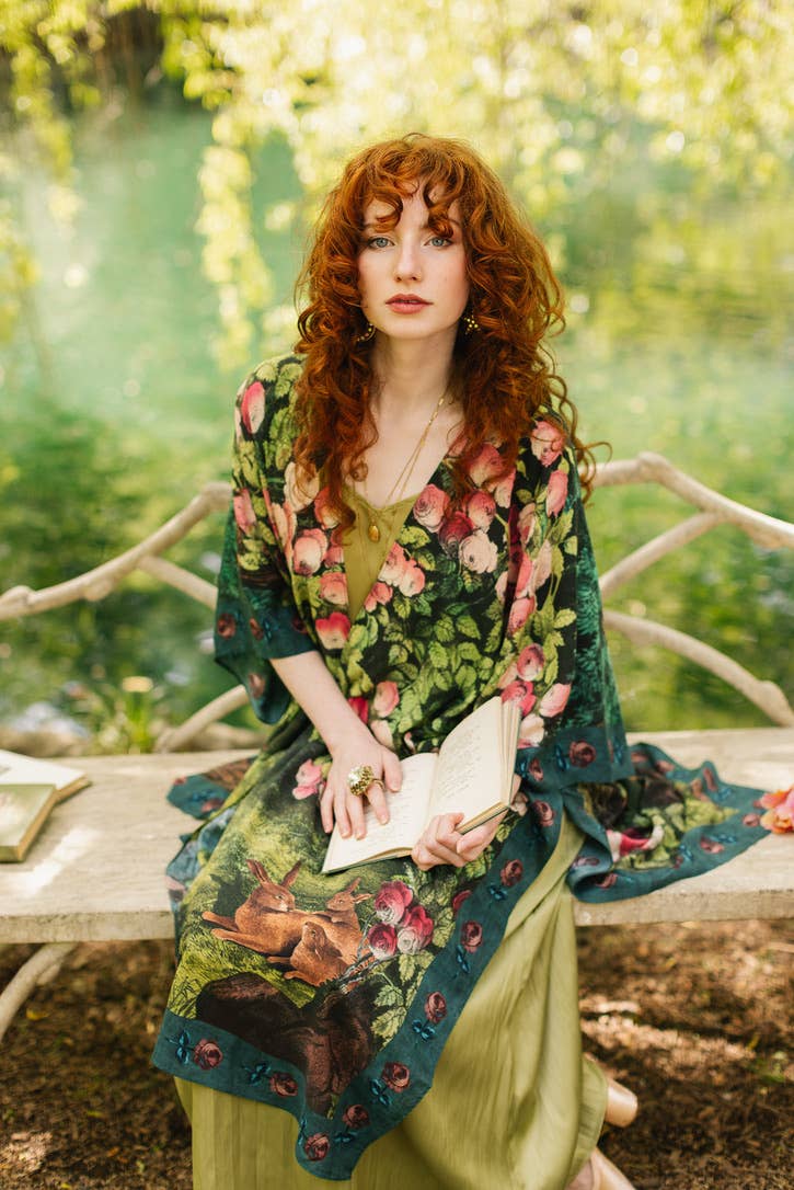 The Daydreamer Goddess Duster Kimono w/ Florals & Rabbits - Out of the Blue