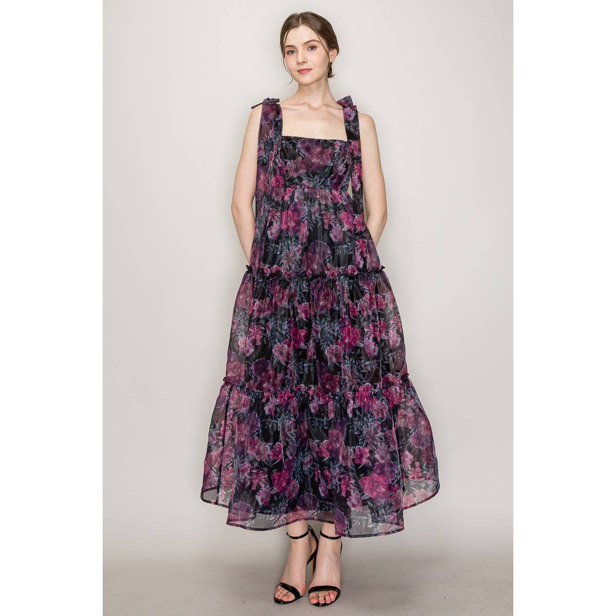 Organza Floral Printed Tiered Midi Dress