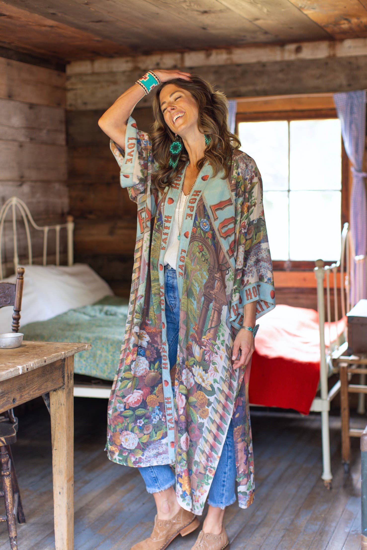 Love Language Printed Long Duster Bamboo Kimono Robe - Out of the Blue