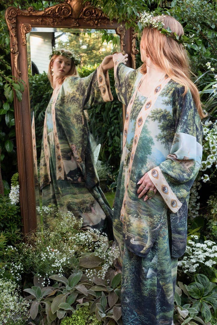 The Mythmaker Matinée Duster Kimono w/ landscape & unicorn - Out of the Blue