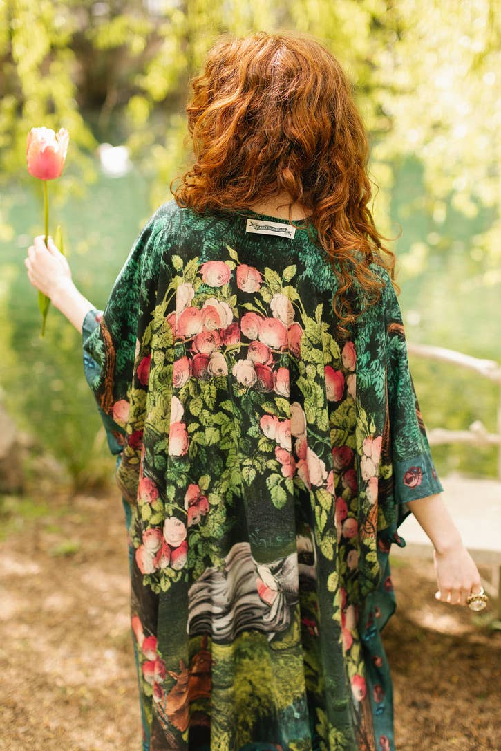The Daydreamer Goddess Duster Kimono w/ Florals & Rabbits - Out of the Blue