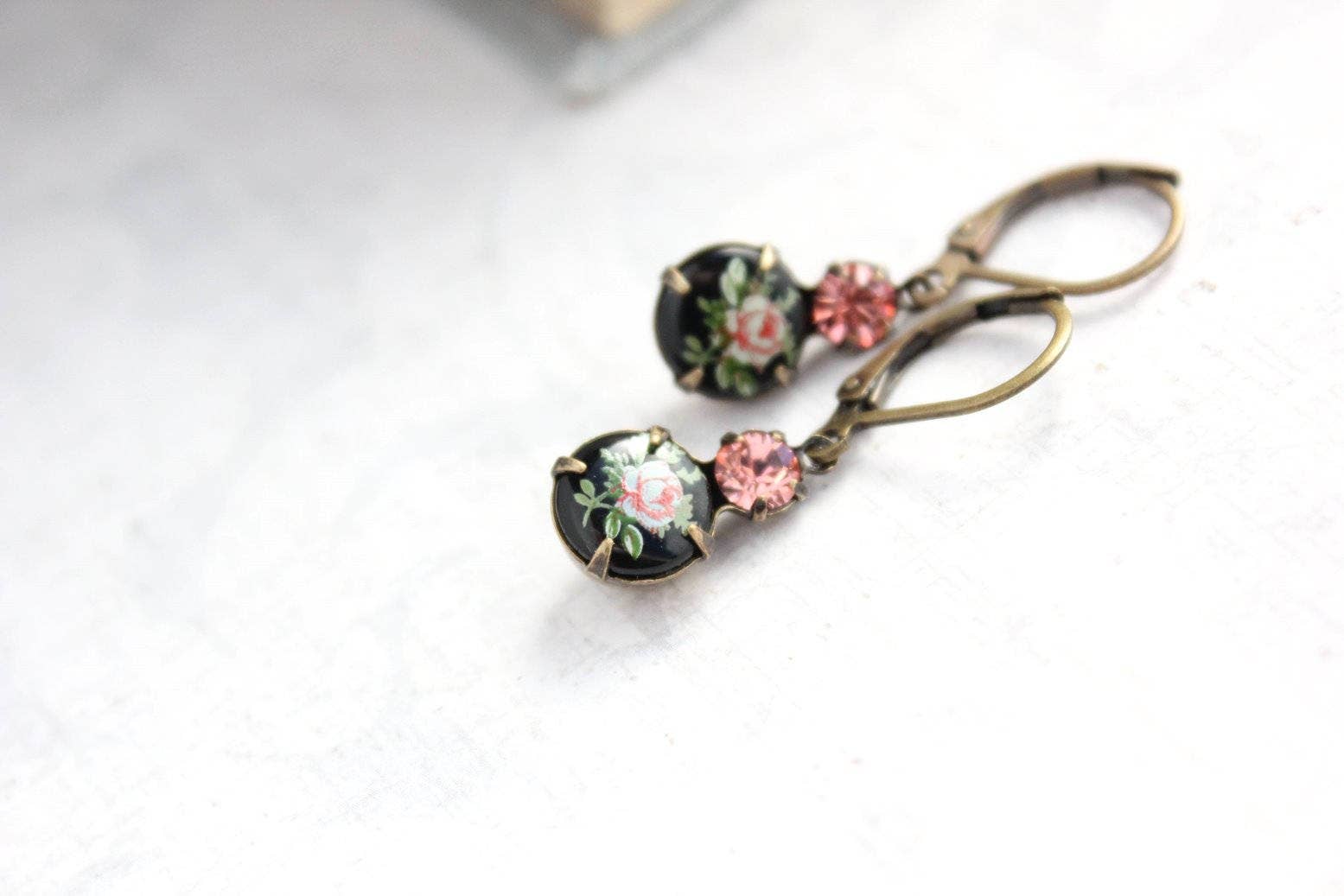 Little Cameo Earrings - Vintage Glass  - Pink Rose on Black - Out of the Blue