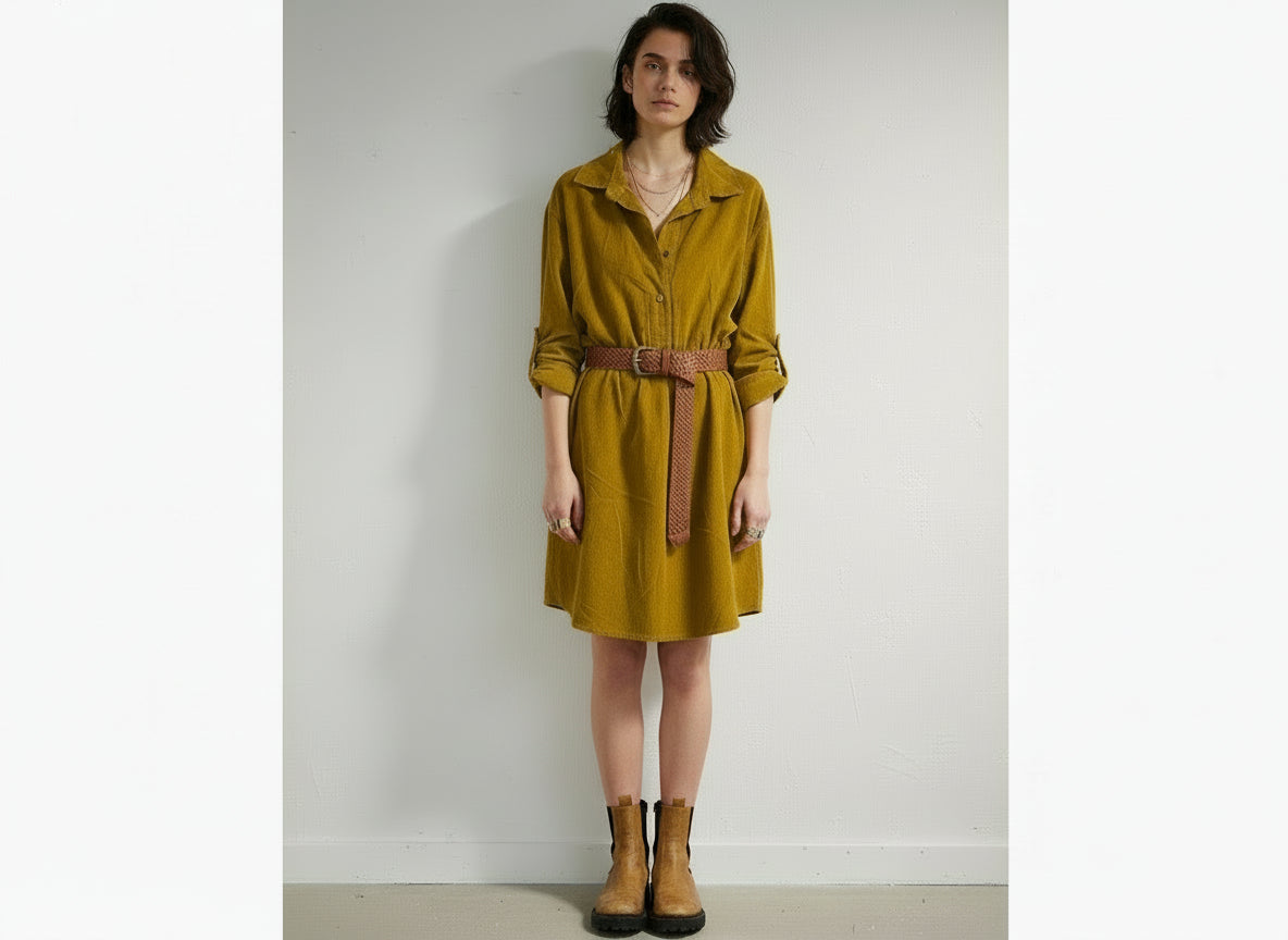 Yellow dress on a hanger against a white background