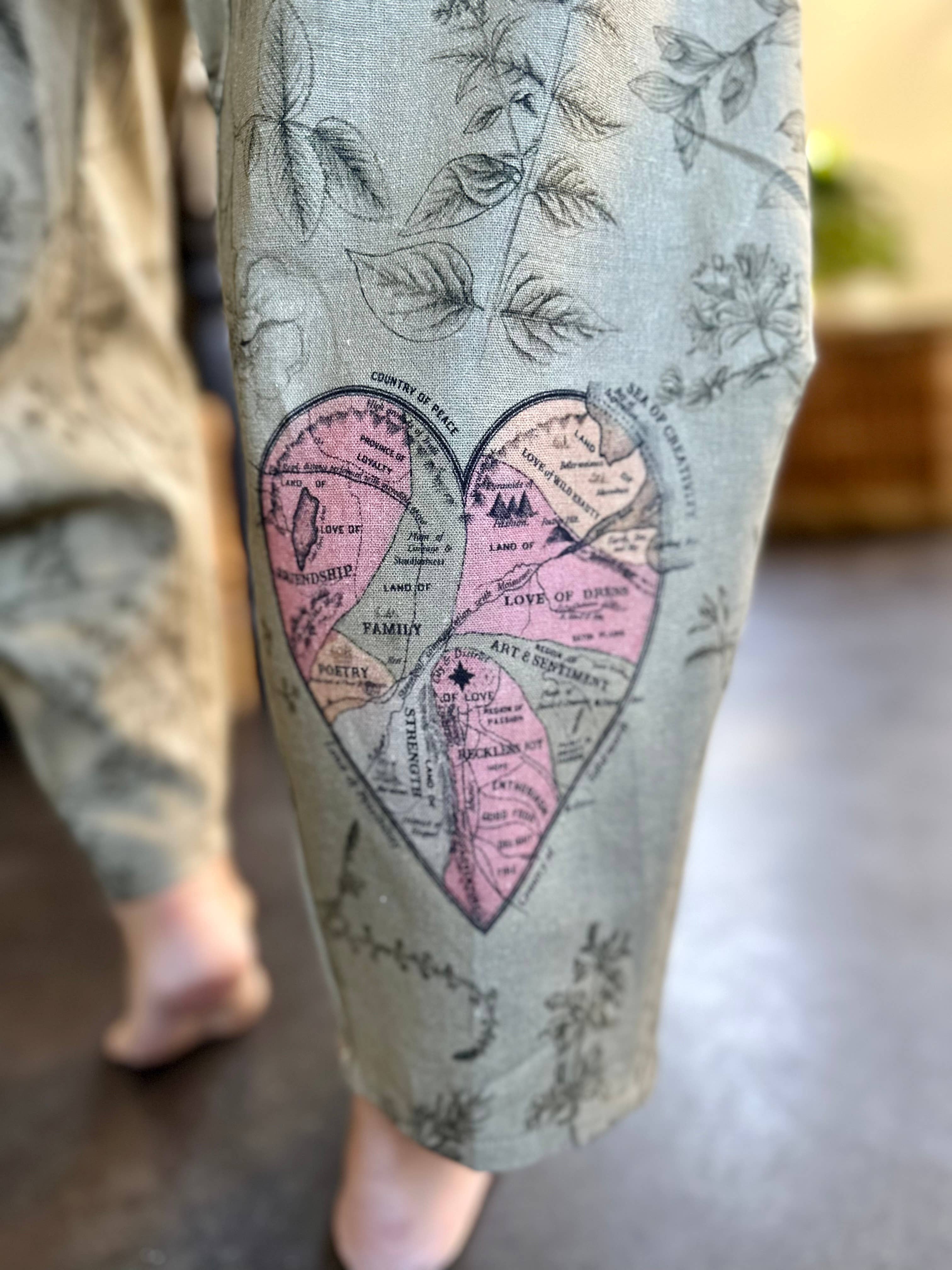 Map of My Heart Printed Boho Artist Pants in Sage - Out of the Blue