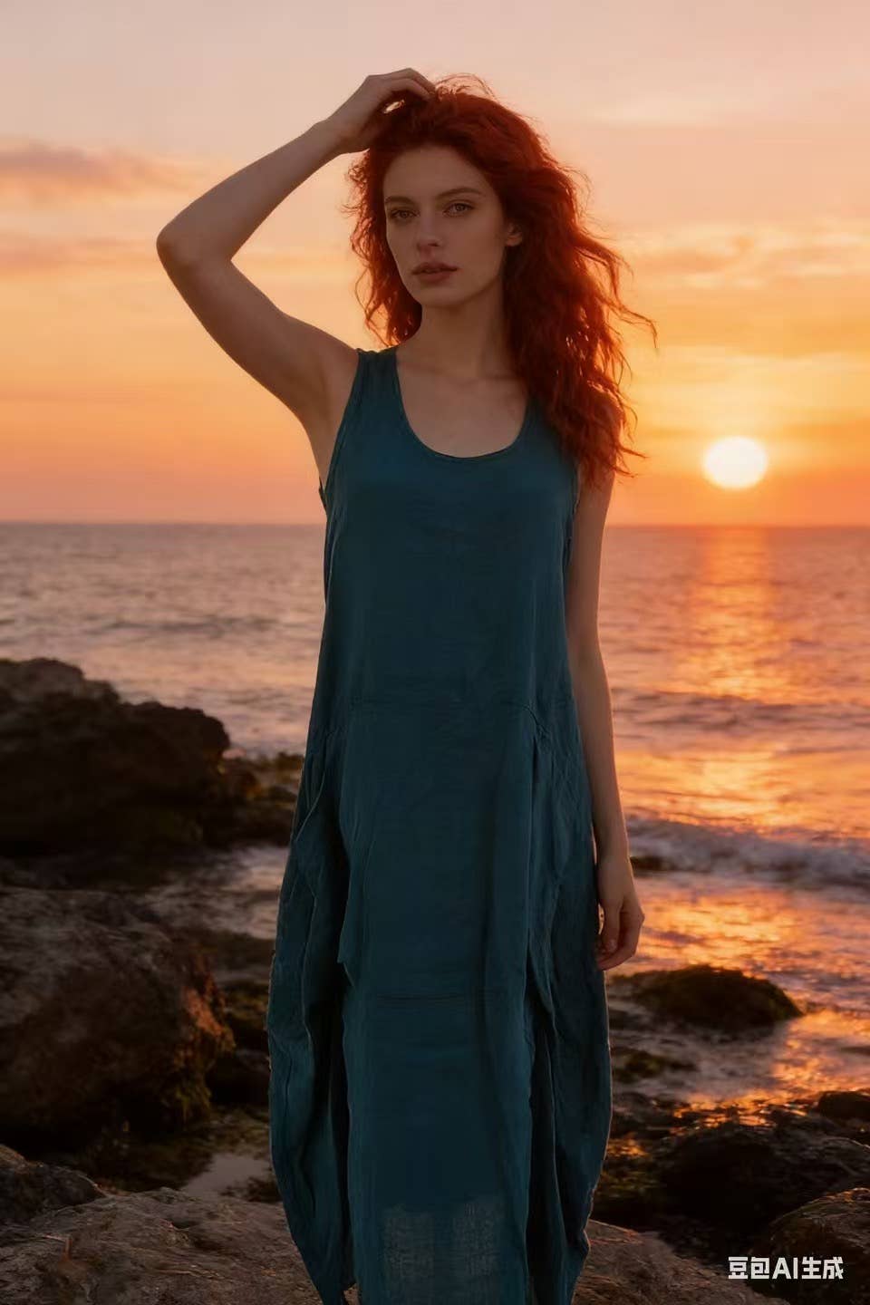 Sleeveless long dress 100% linen REF. 8466: WASABI - Out of the Blue