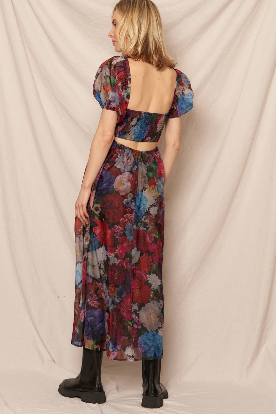 Puff Sleeve Floral Midi Dress