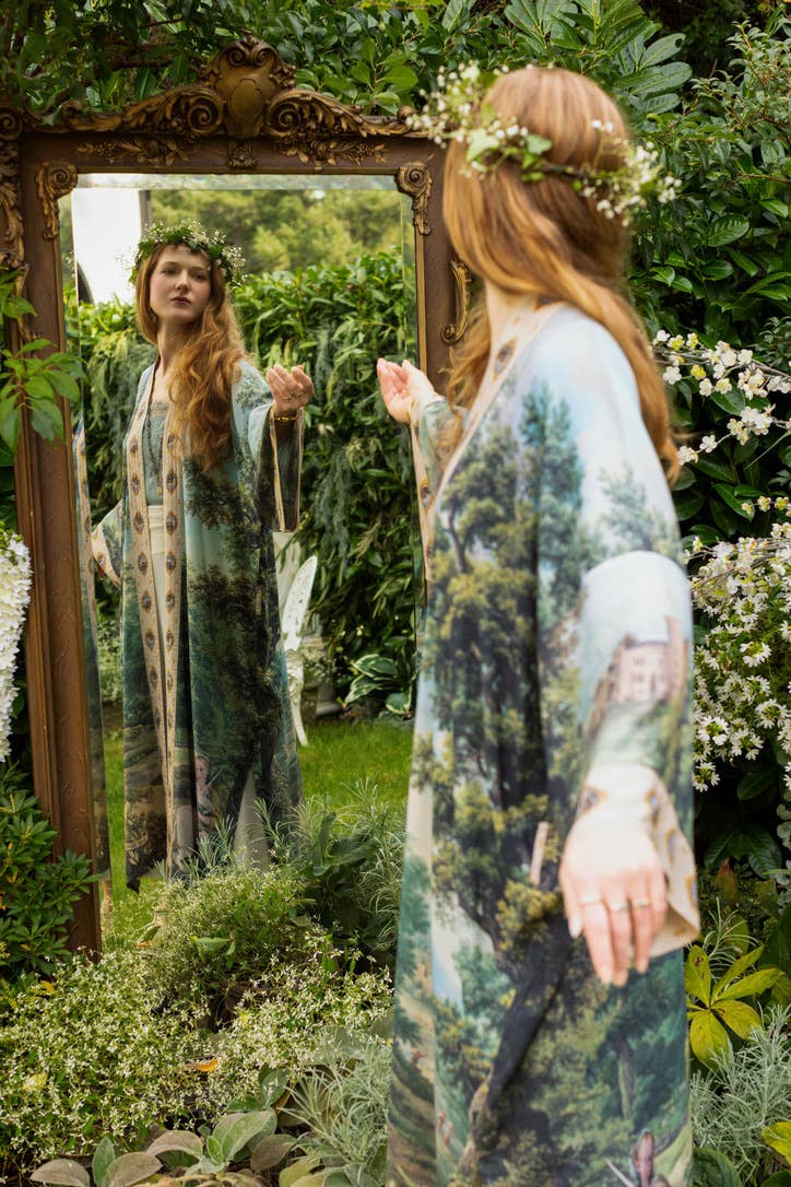 The Mythmaker Opera Duster Kimono Robe w Landscape & Unicorn - Out of the Blue