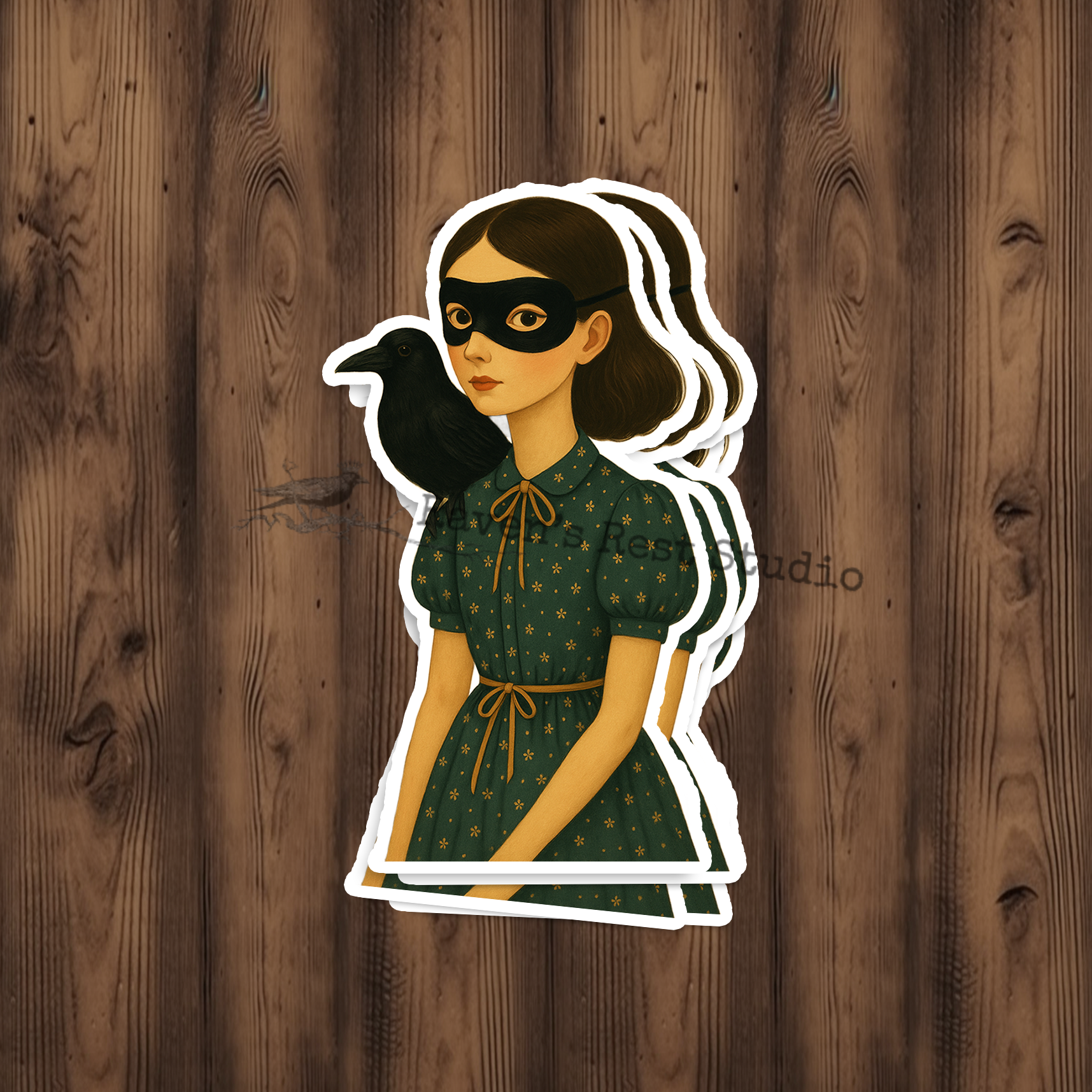 STICKER. Girl With Mask and Crow Friend On Shoulder. - Out of the Blue
