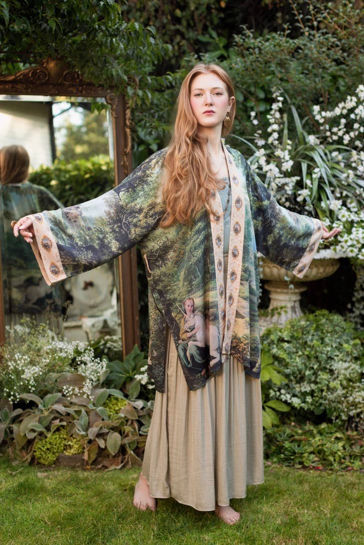 The Mythmaker Matinée Duster Kimono w/ landscape & unicorn - Out of the Blue