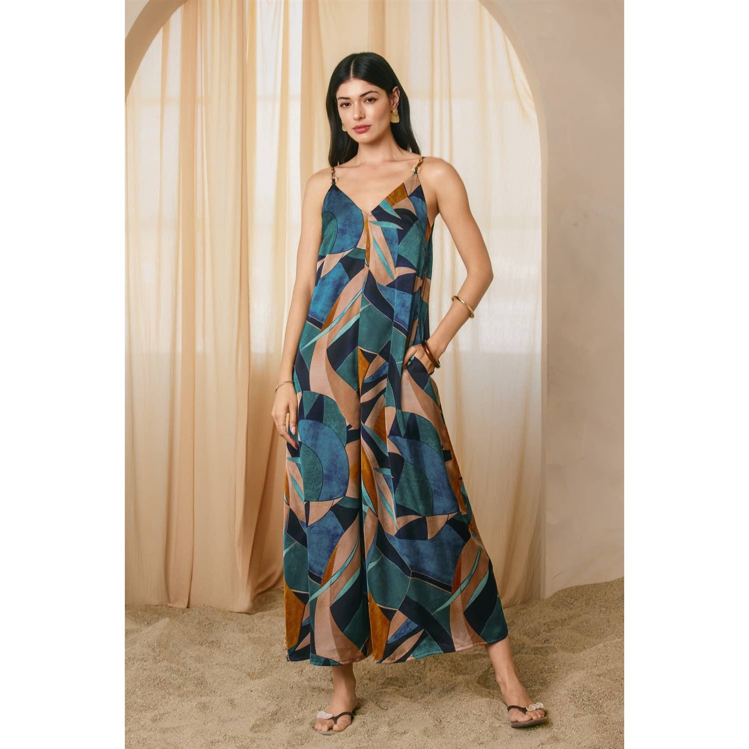 Palm Mirage Tie Back Detail Jumpsuit - Out of the Blue