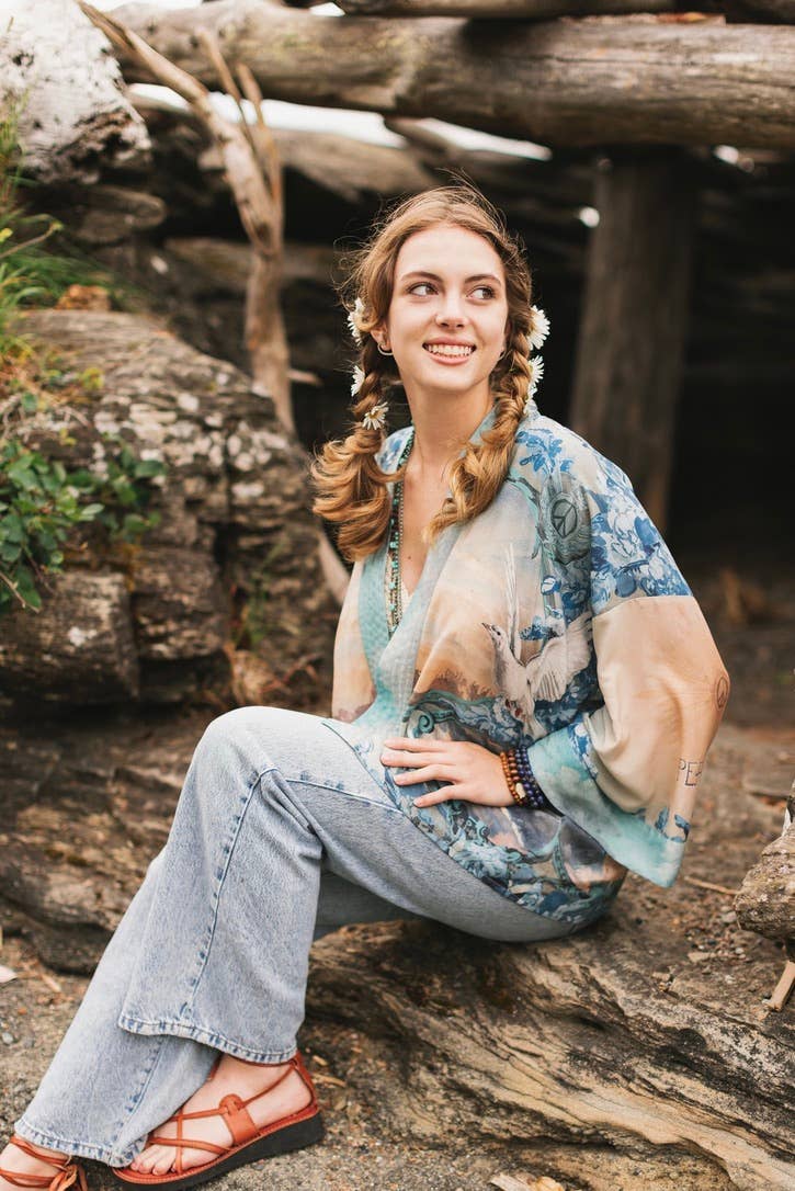 Peace Out Cropped Kimono Pixie Duster with Doves and Sunrise - Out of the Blue