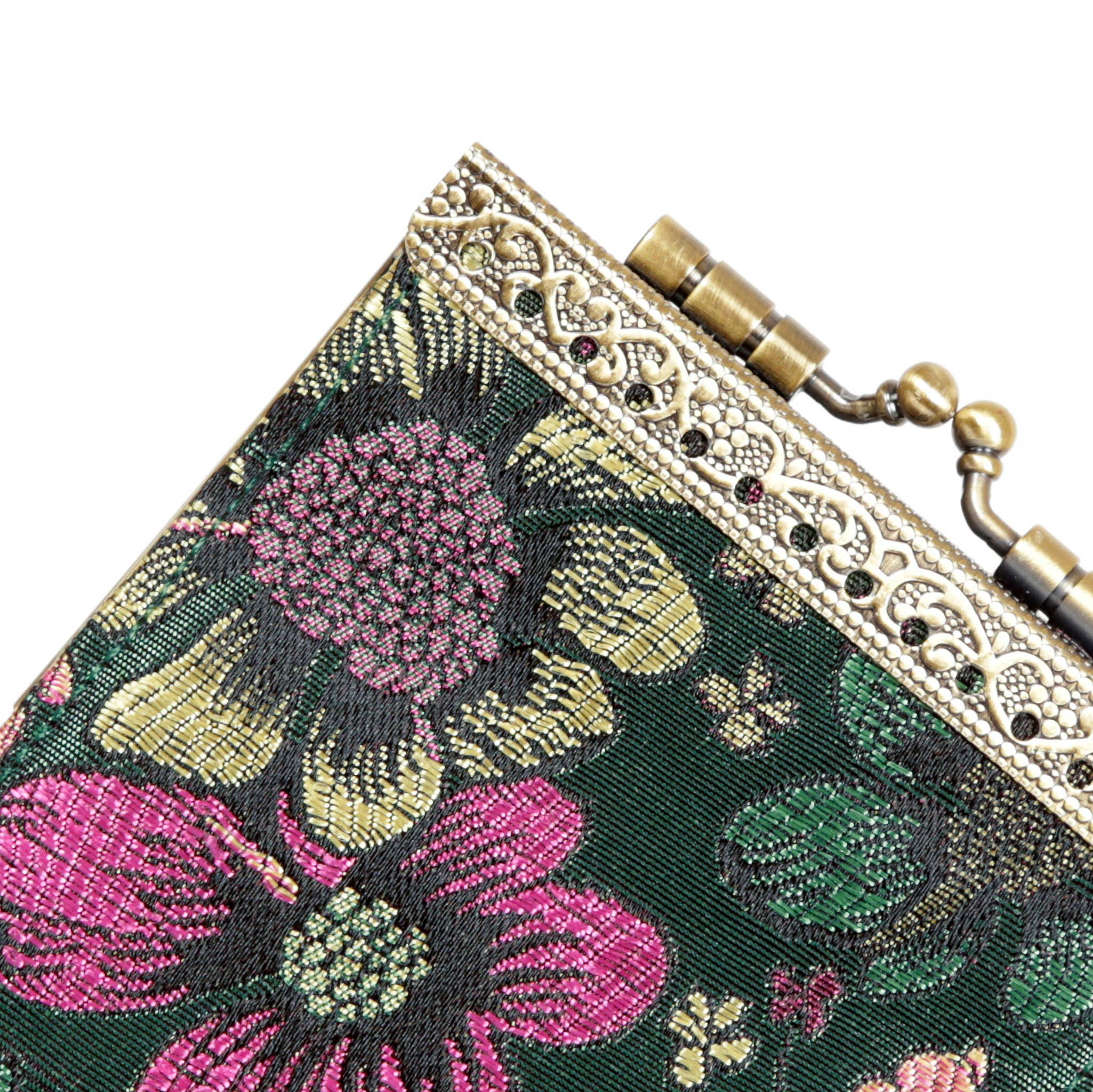 Bamboo Leaves, Brocade Card Holder with RFID Protection: Green & Pink Floral - Out of the Blue