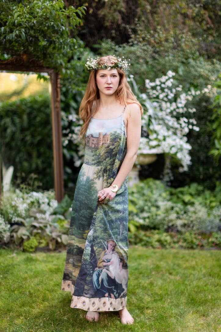 The Mythmaker Bohéme Maxi Slip Dress w/ Landscape & Unicorn - Out of the Blue