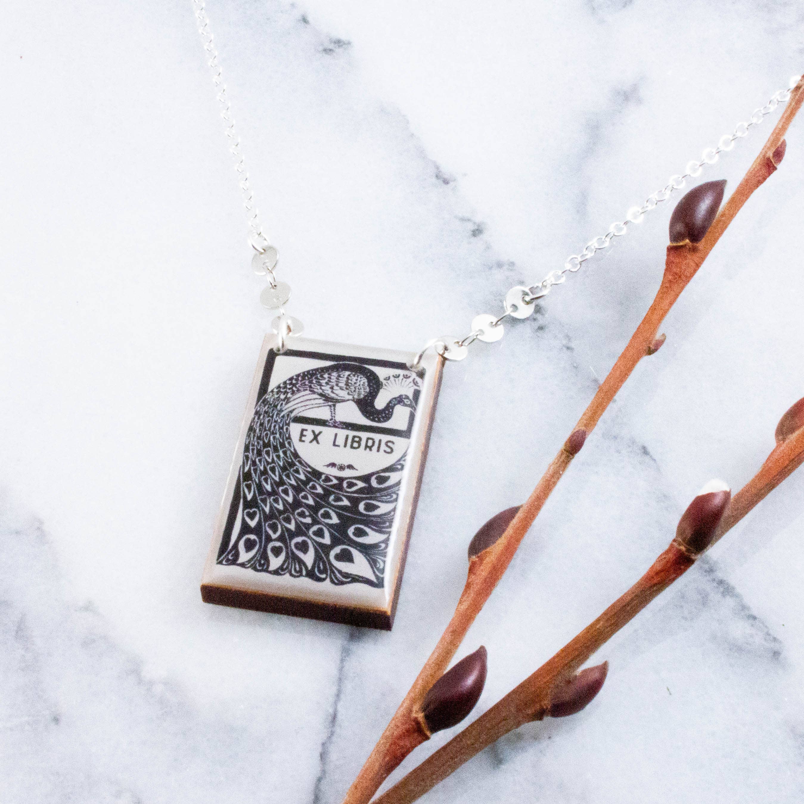 Custom Ex Libris Bookplate Peacock Necklace - Out of the Blue