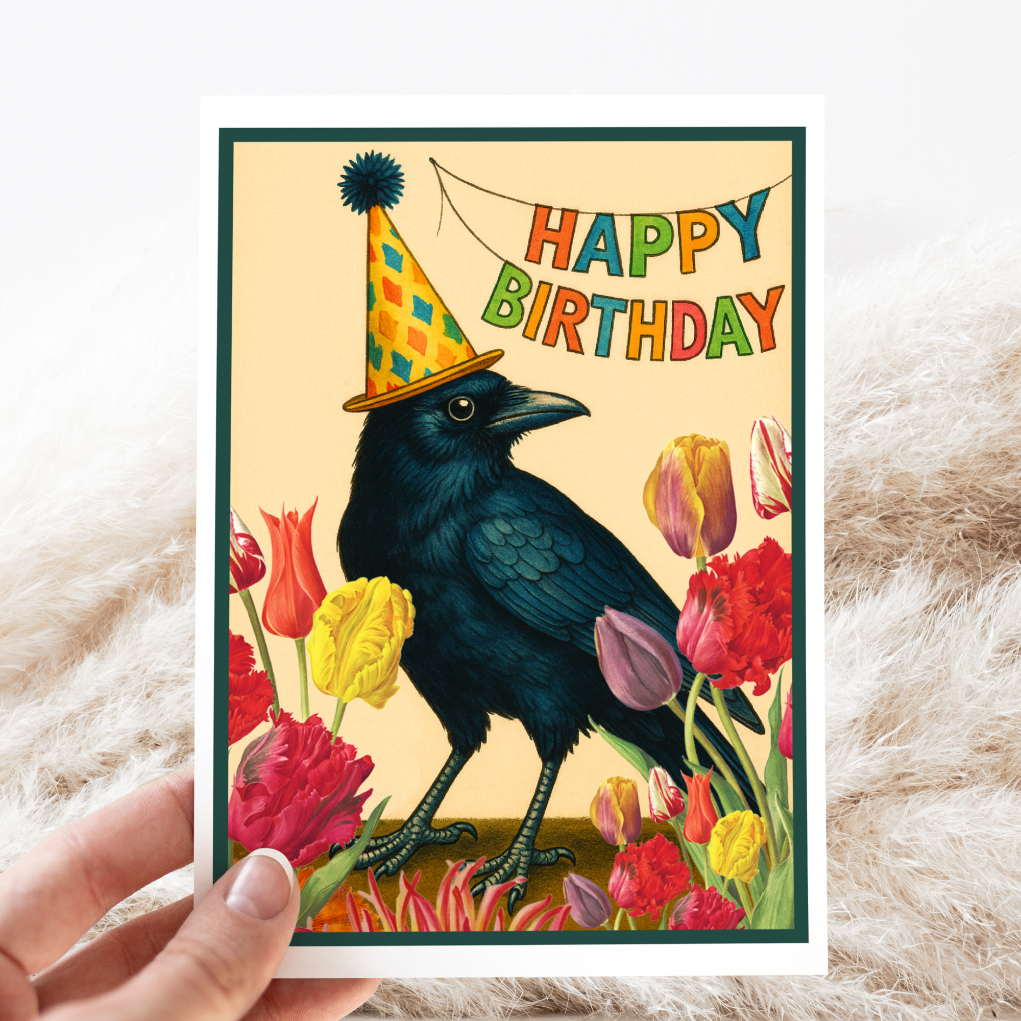 Birthday Card. Vintage Crow With Tulips. Floral Bird.