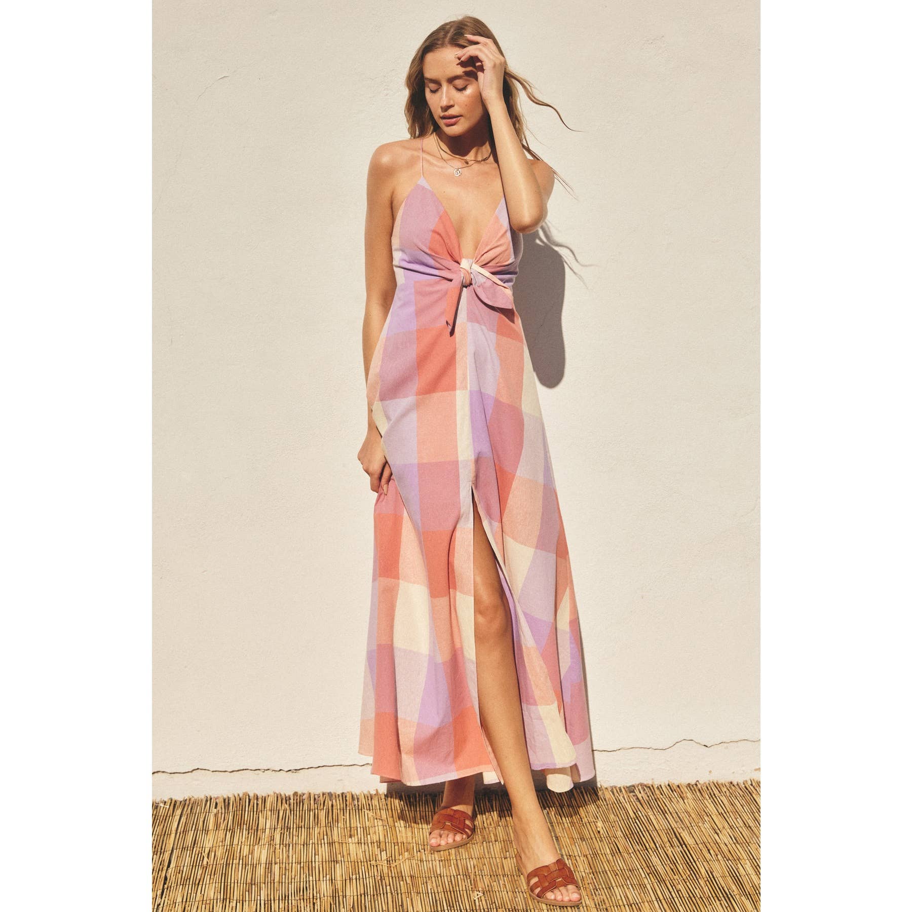 Pastel Checkered Knot Front Maxi Dress - Out of the Blue