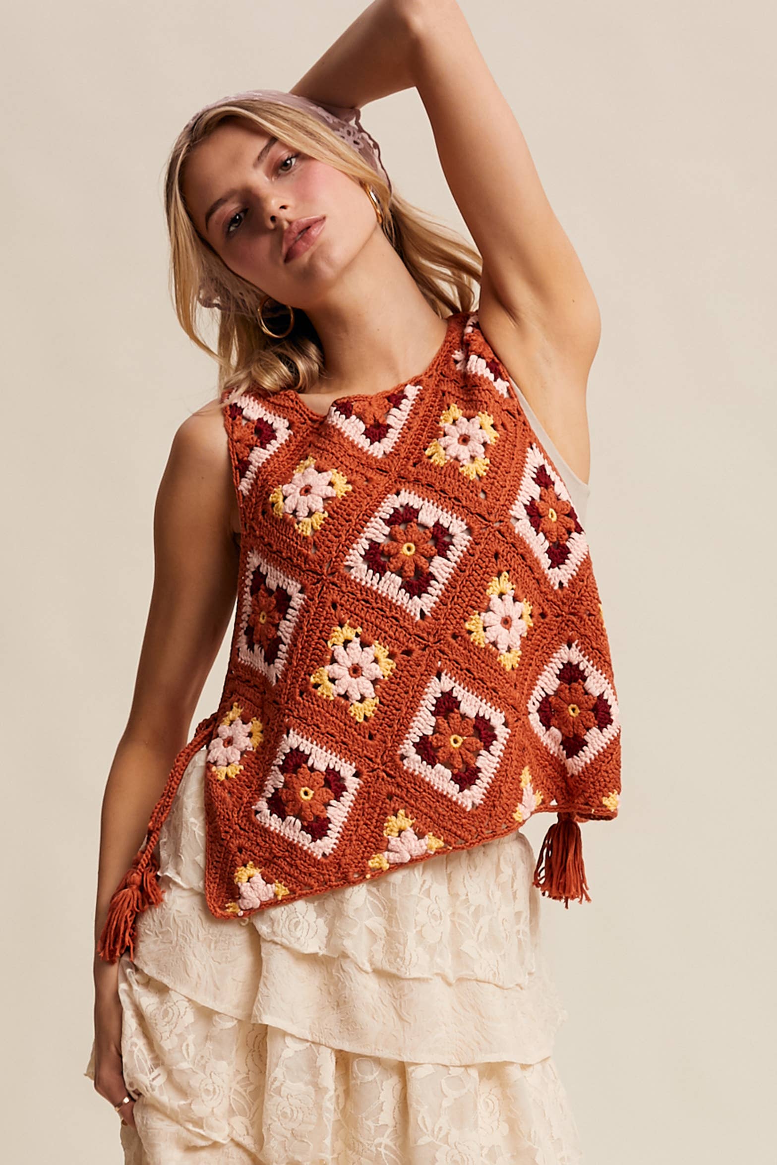 Crochet Granny Square Tassel Tie Vest LSW1006 - Out of the Blue